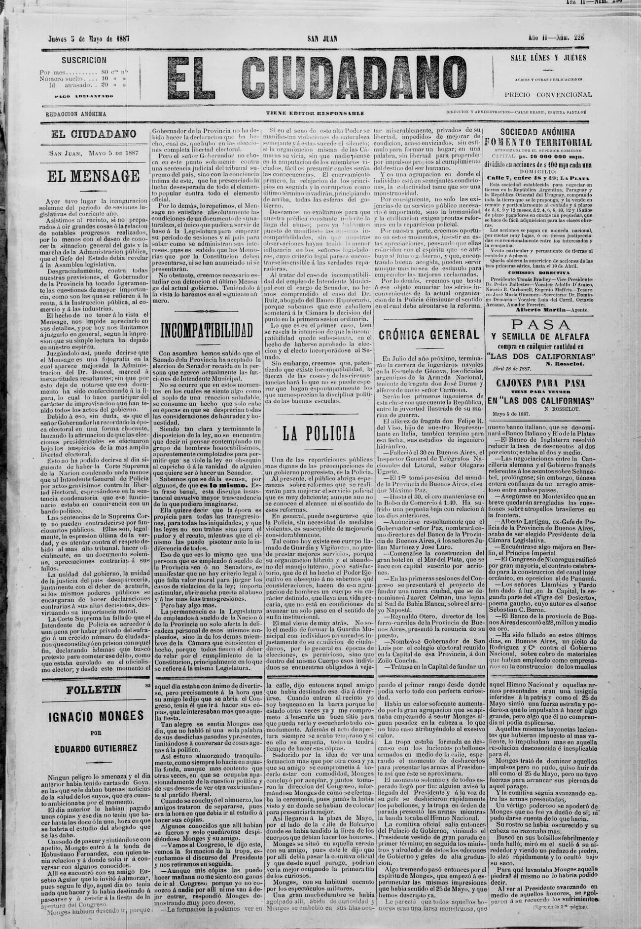 Portada · 5 de Mayo de 1887