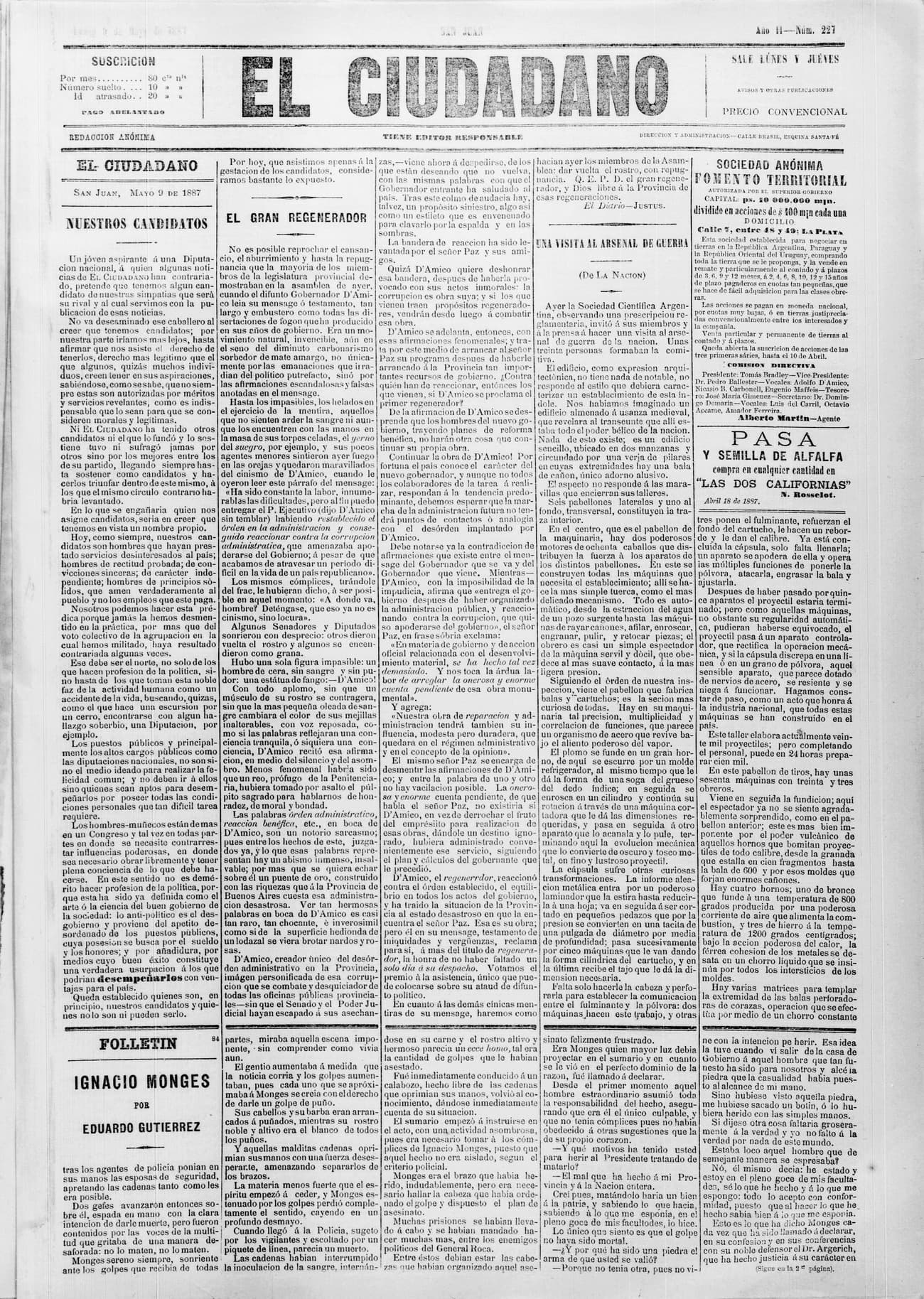 Portada · 9 de Mayo de 1887
