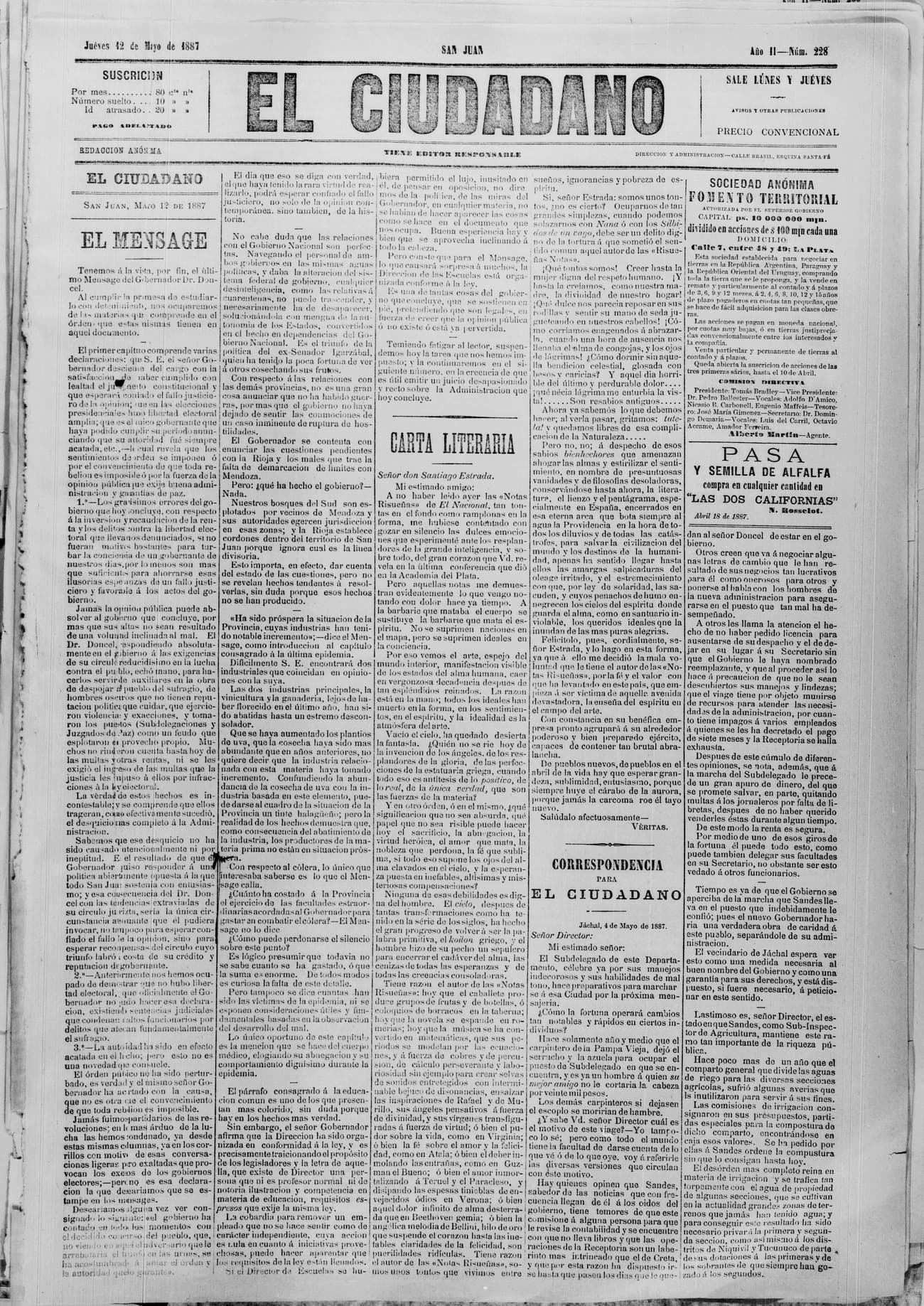 Portada · 12 de Mayo de 1887