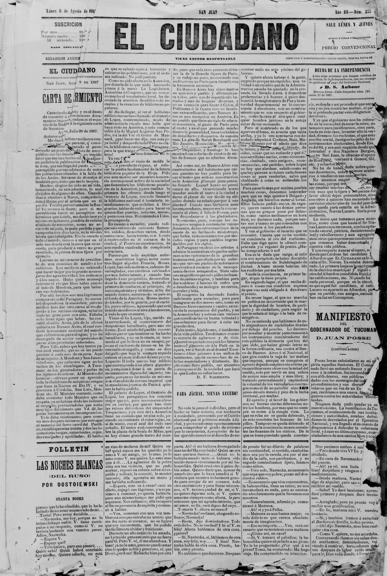 Portada · 8 de Agosto de 1887