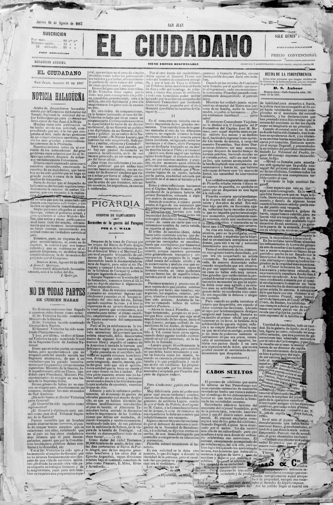 Portada · 18 de Agosto de 1887