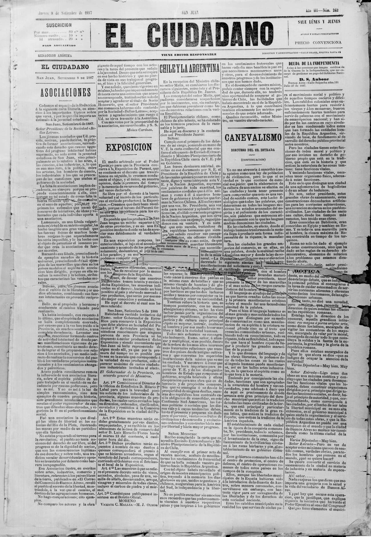 Portada · 8 de Septiembre de 1887