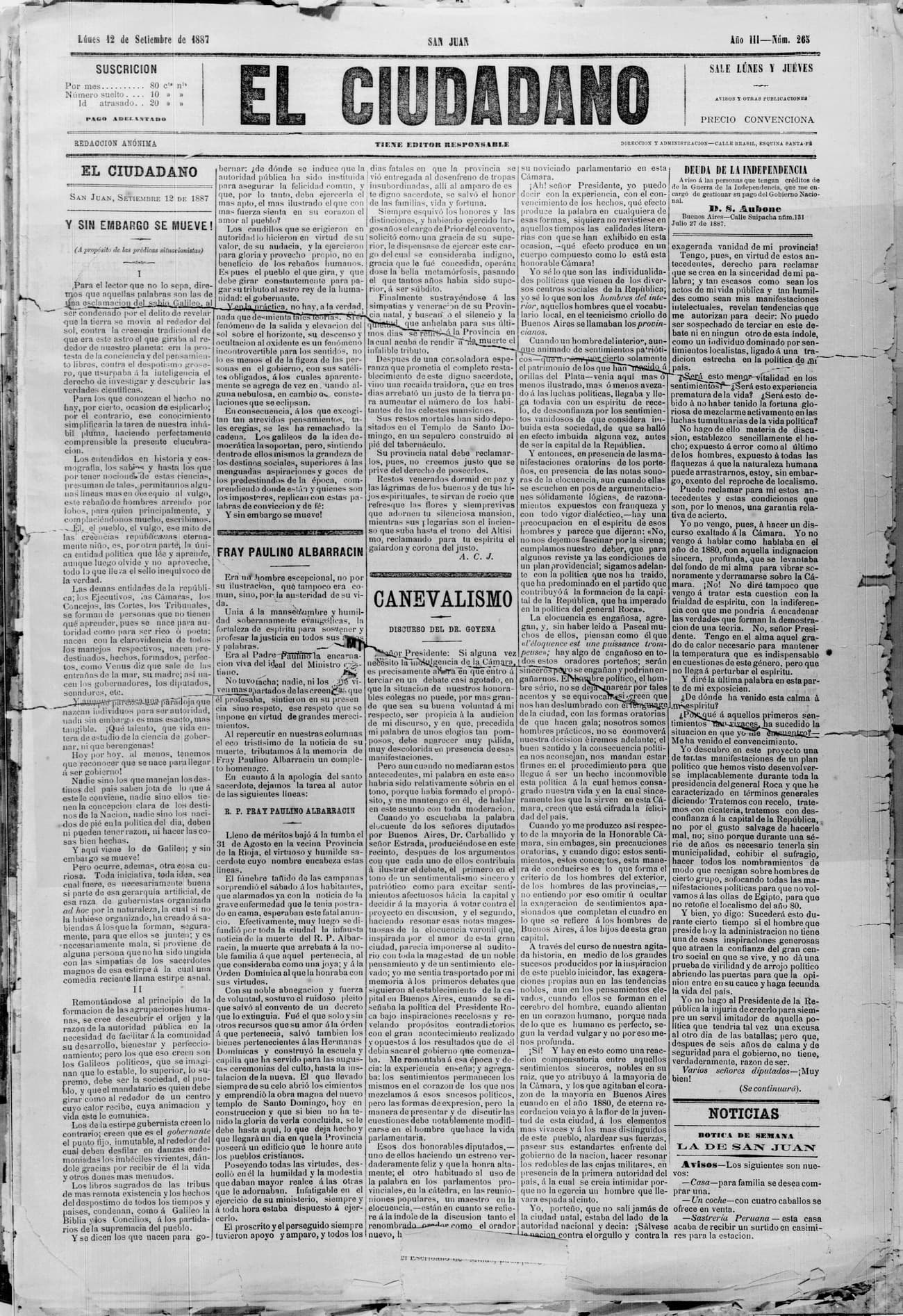 Portada · 12 de Septiembre de 1887