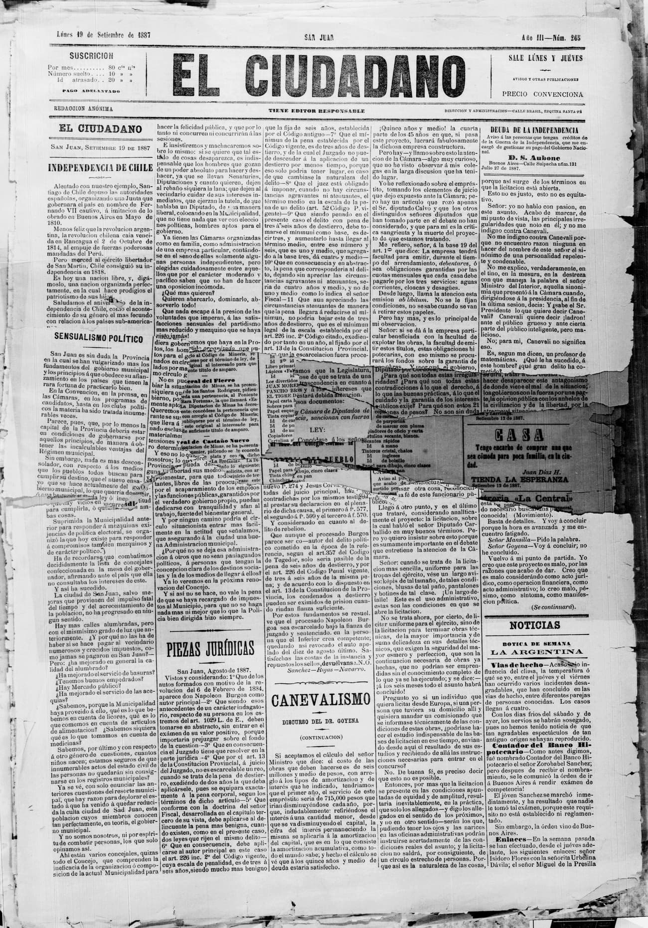 Portada · 19 de Septiembre de 1887