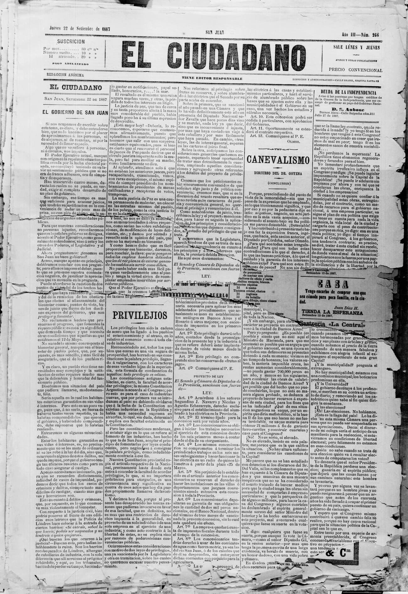 Portada · 22 de Septiembre de 1887