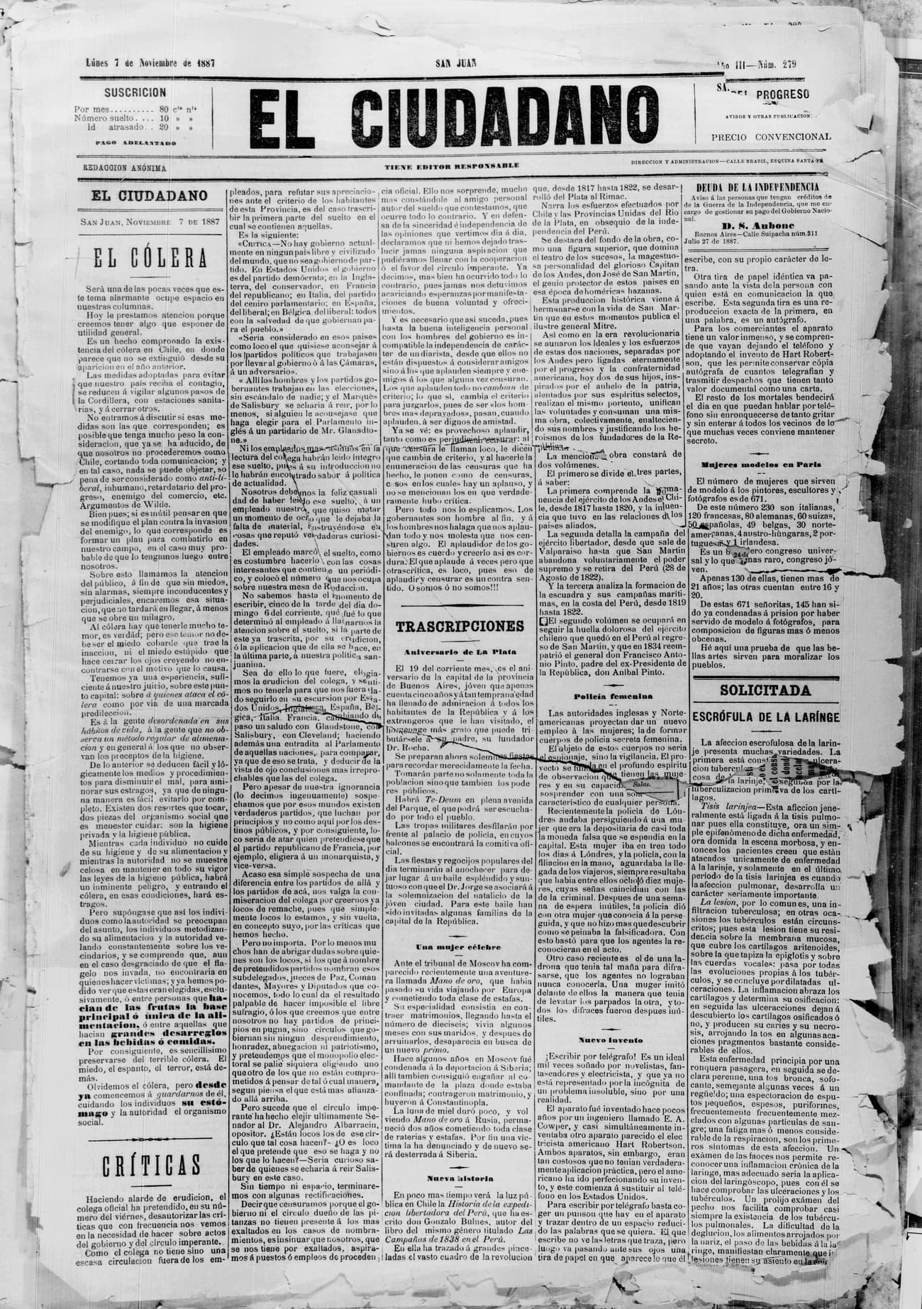 Portada · 7 de Noviembre de 1887