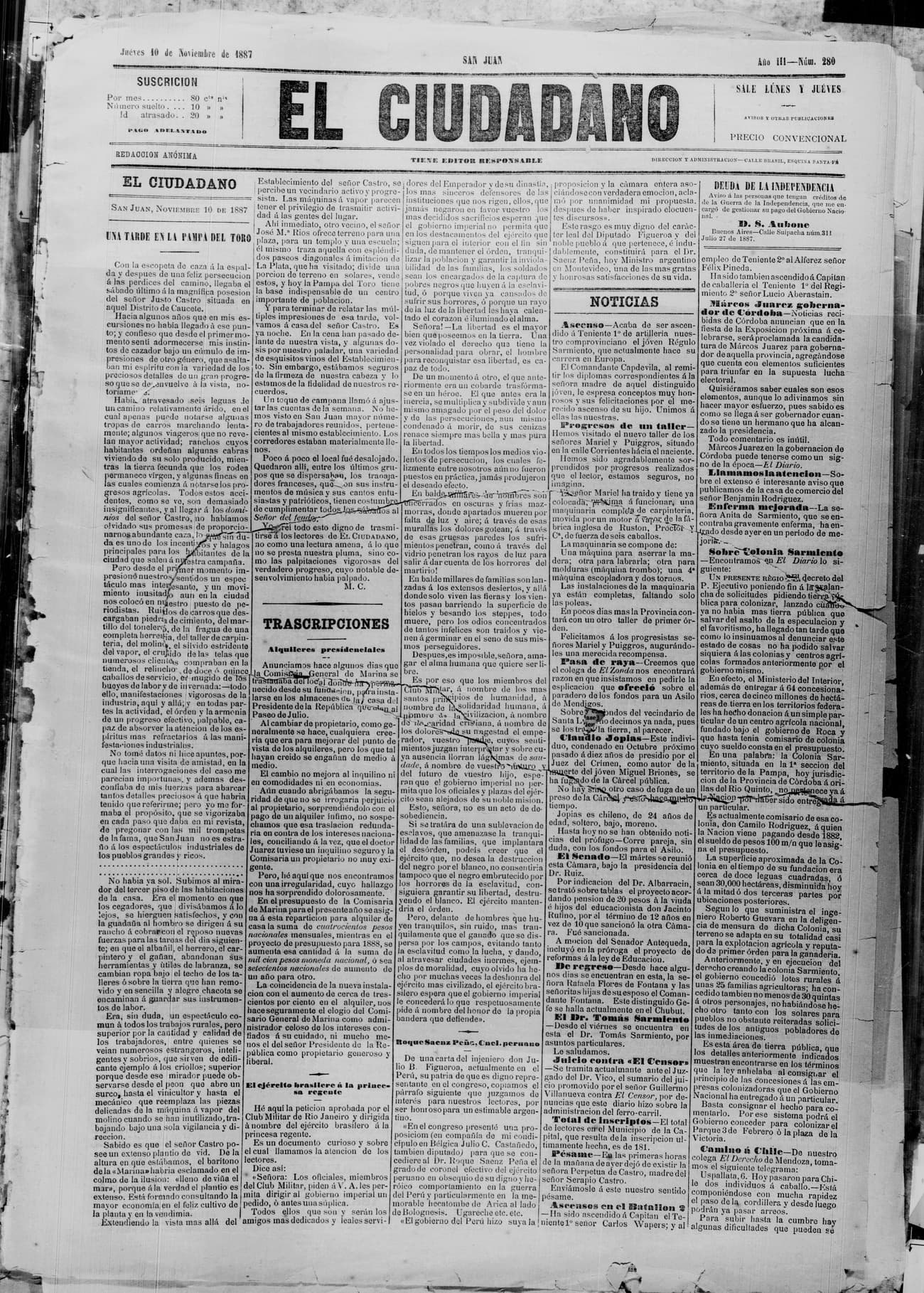 Portada · 10 de Noviembre de 1887
