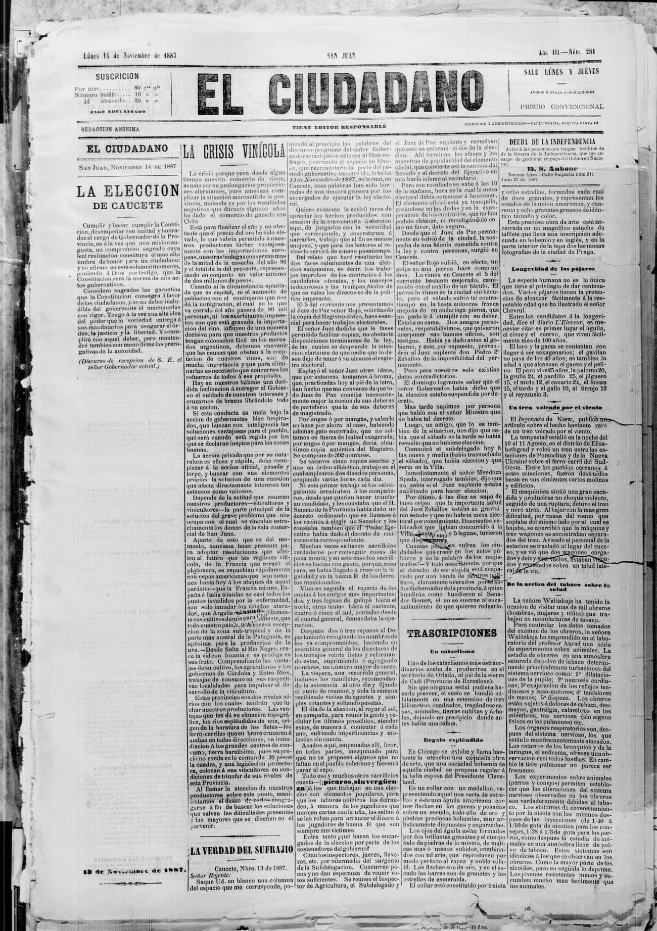 Portada · 14 de Noviembre de 1887