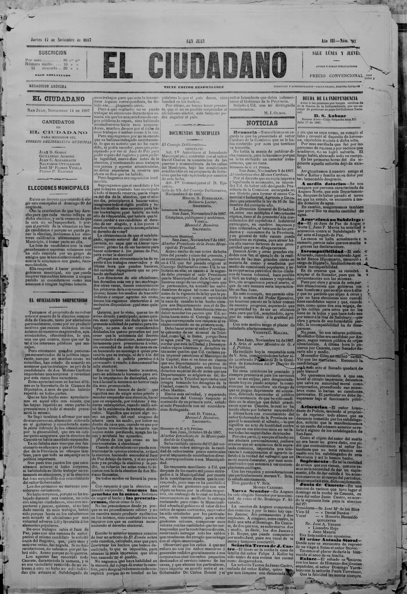Portada · 17 de Noviembre de 1887