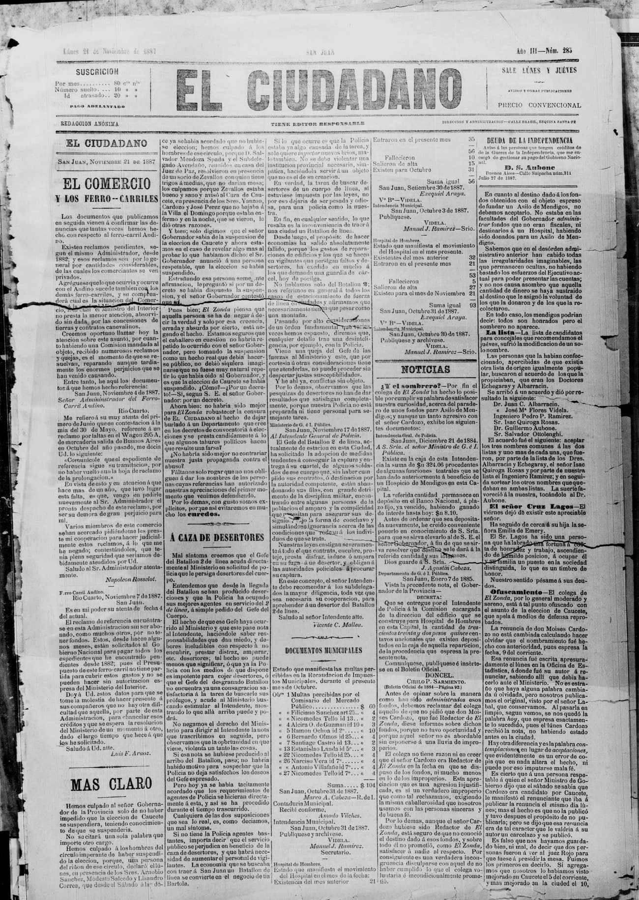 Portada · 21 de Noviembre de 1887