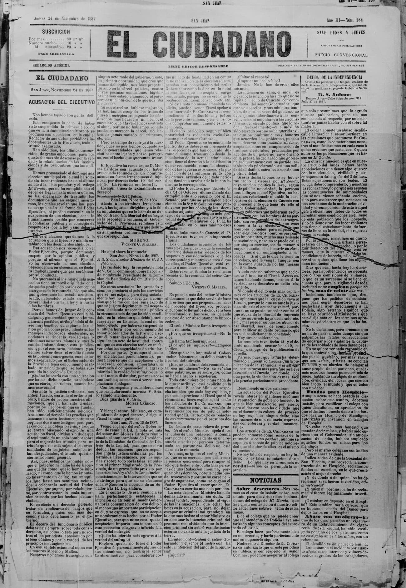 Portada · 24 de Noviembre de 1887