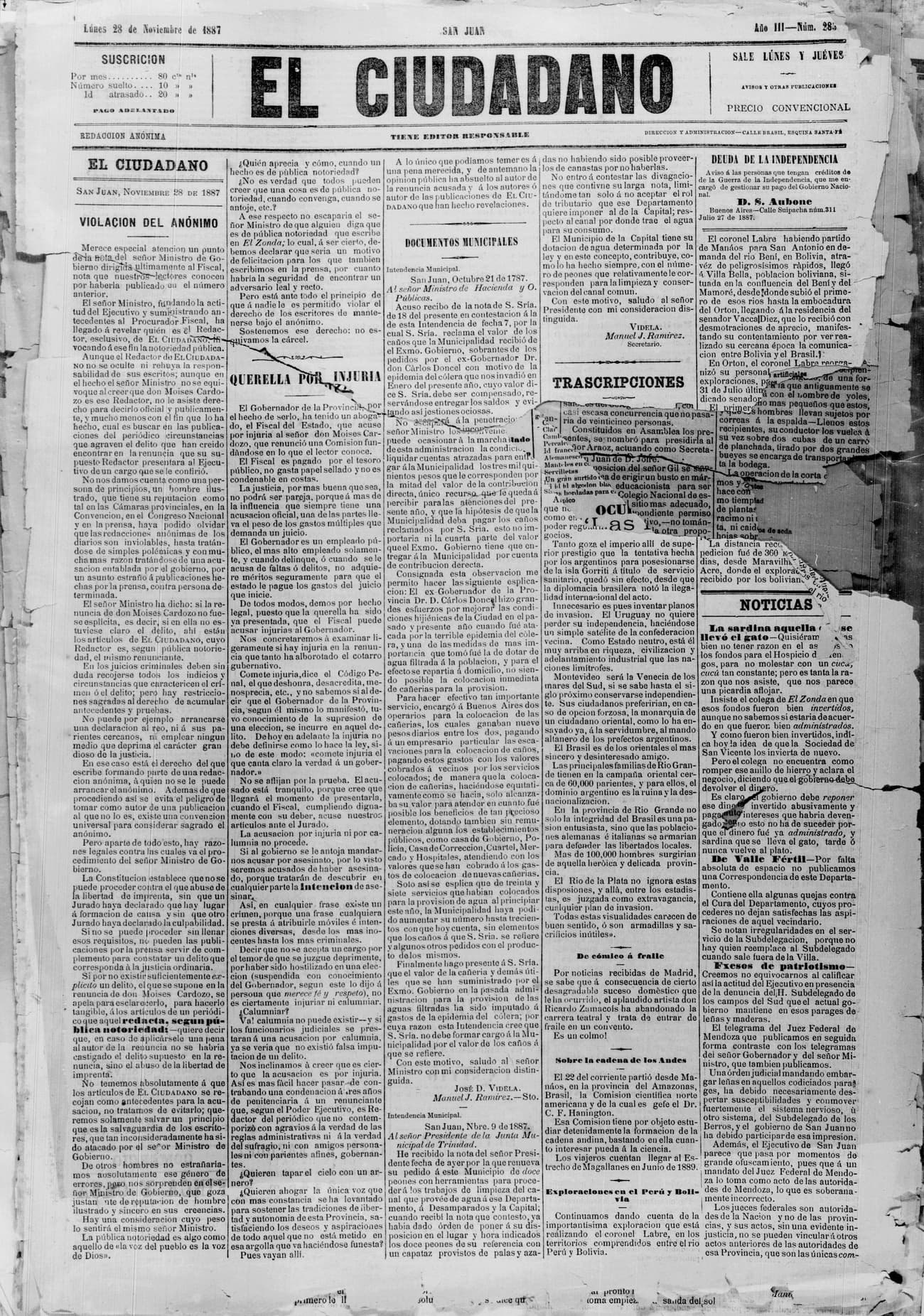 Portada · 28 de Noviembre de 1887