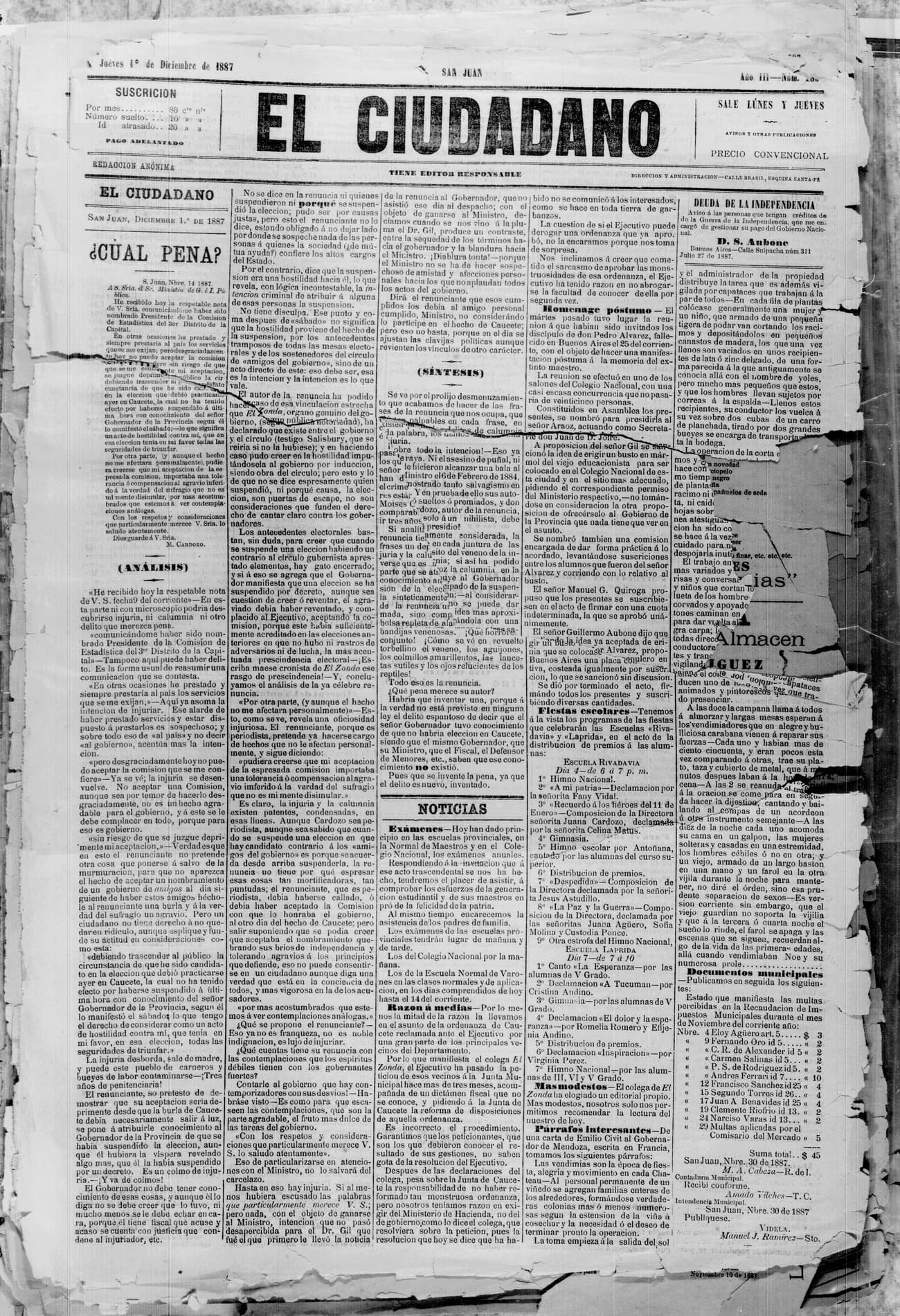 Portada · 1 de Diciembre de 1887