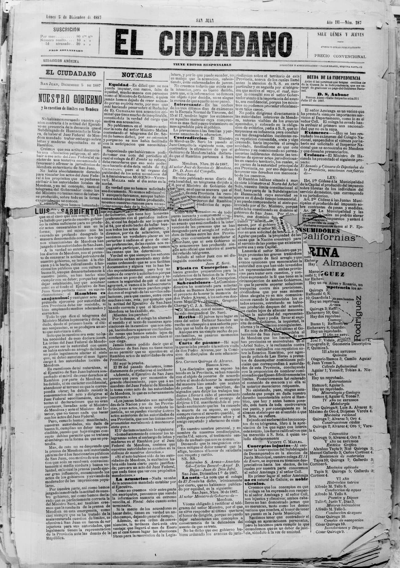 Portada · 5 de Diciembre de 1887