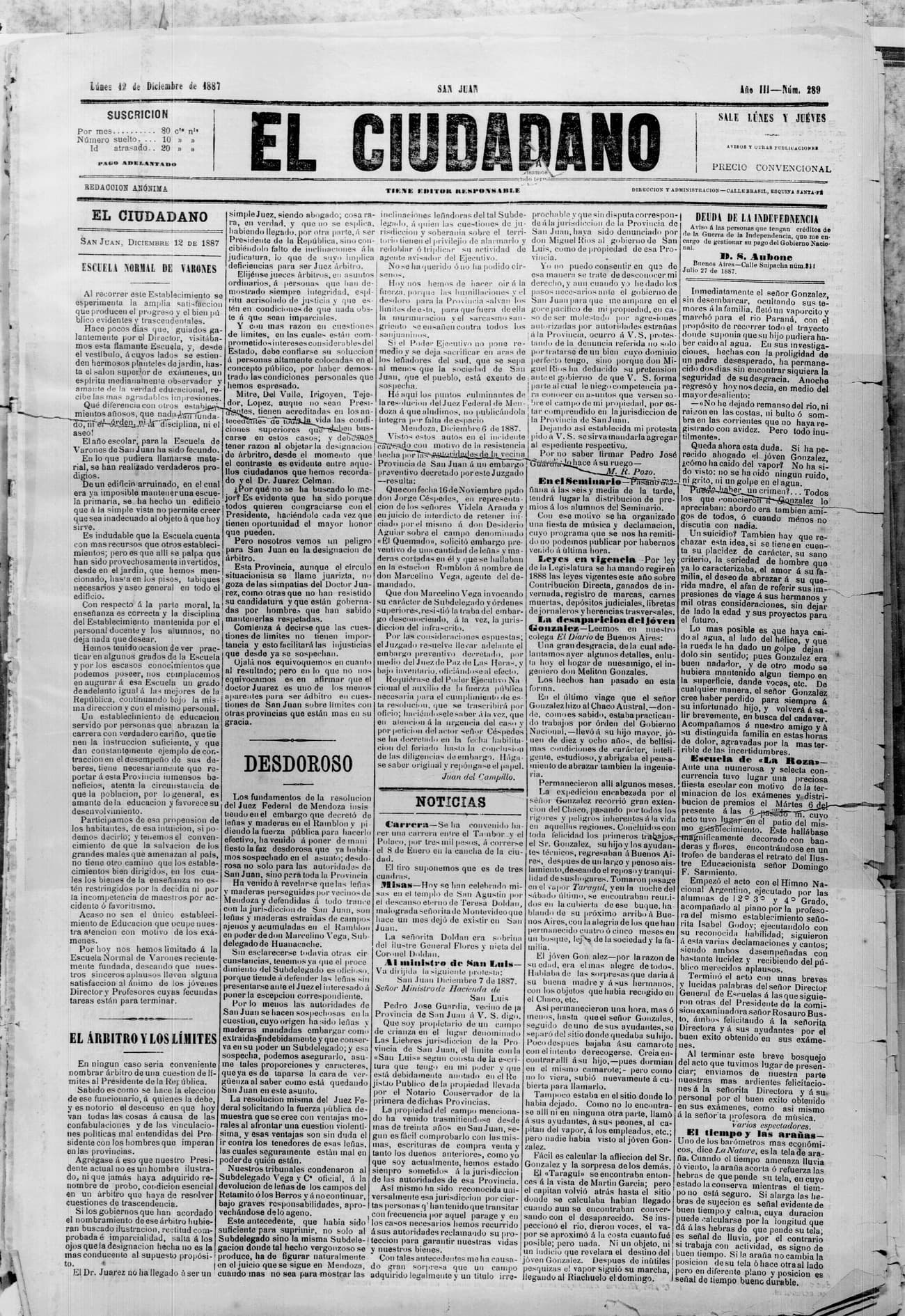 Portada · 12 de Diciembre de 1887