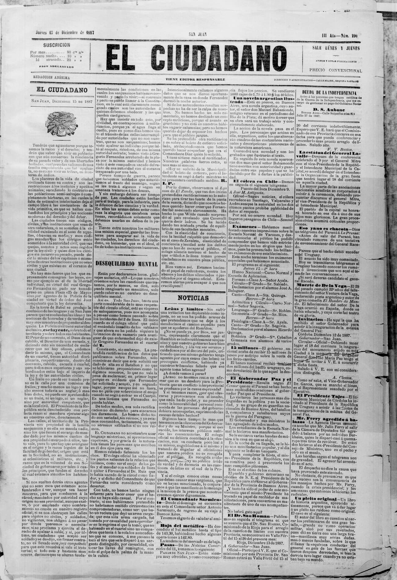 Portada · 15 de Diciembre de 1887