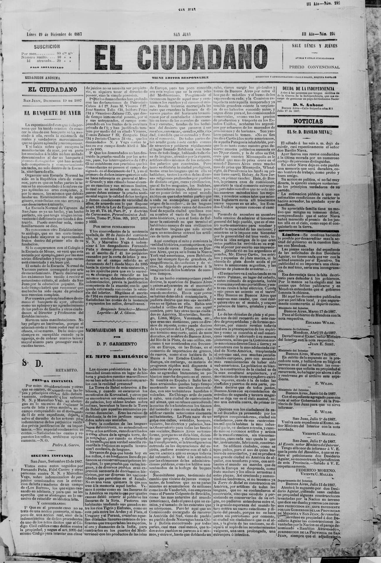 Portada · 19 de Diciembre de 1887