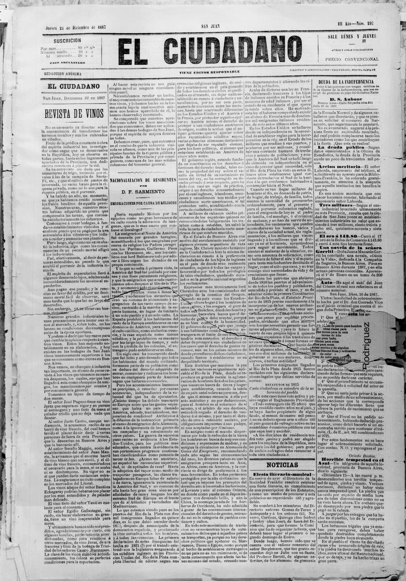 Portada · 22 de Diciembre de 1887