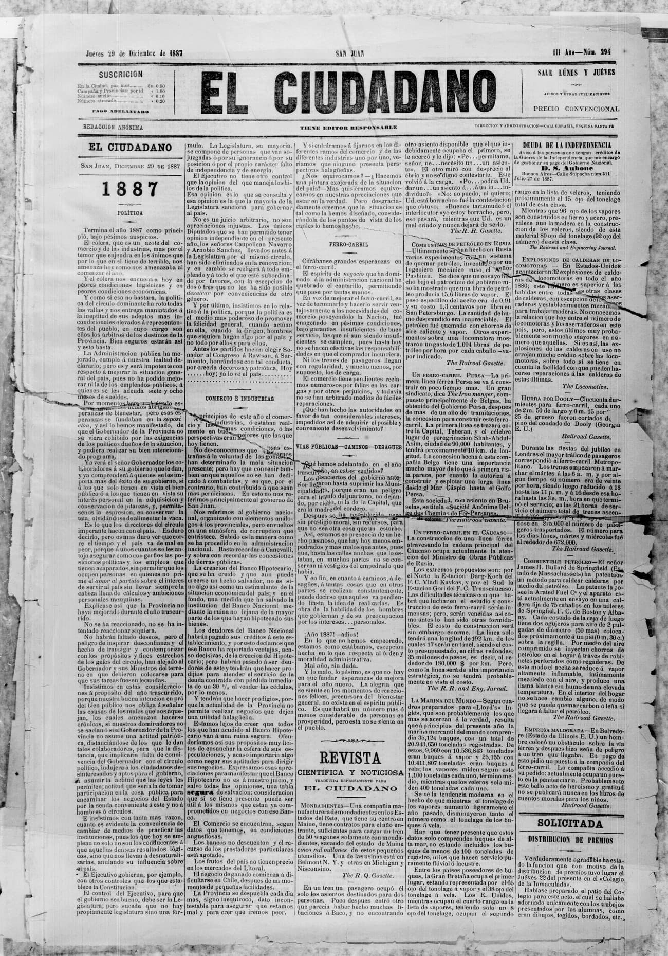 Portada · 29 de Diciembre de 1887