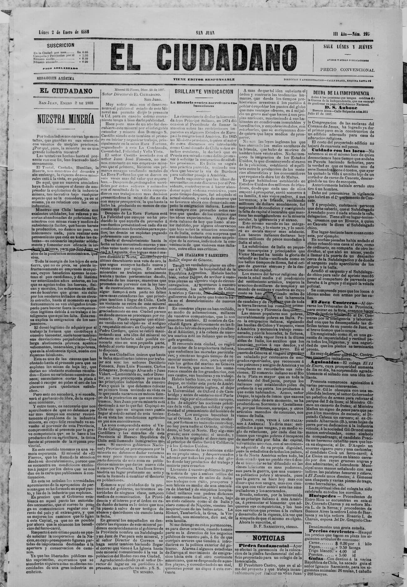 Portada · 2 de Enero de 1888