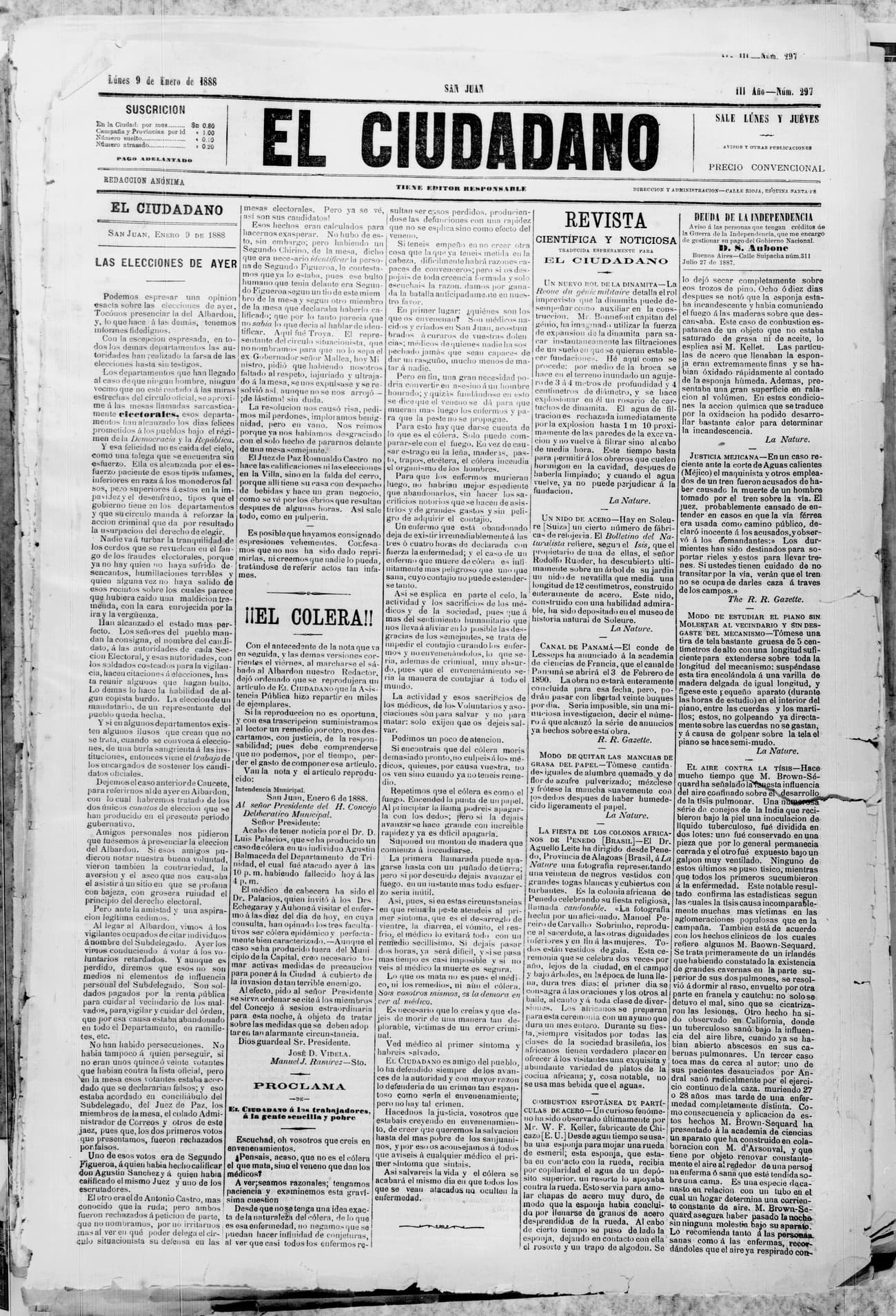 Portada · 9 de Enero de 1888