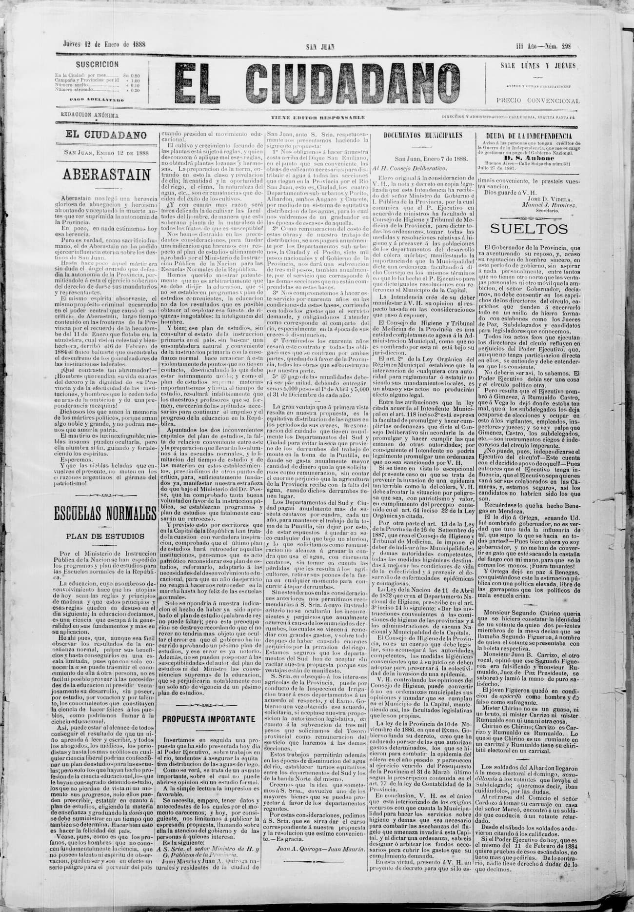 Portada · 12 de Enero de 1888