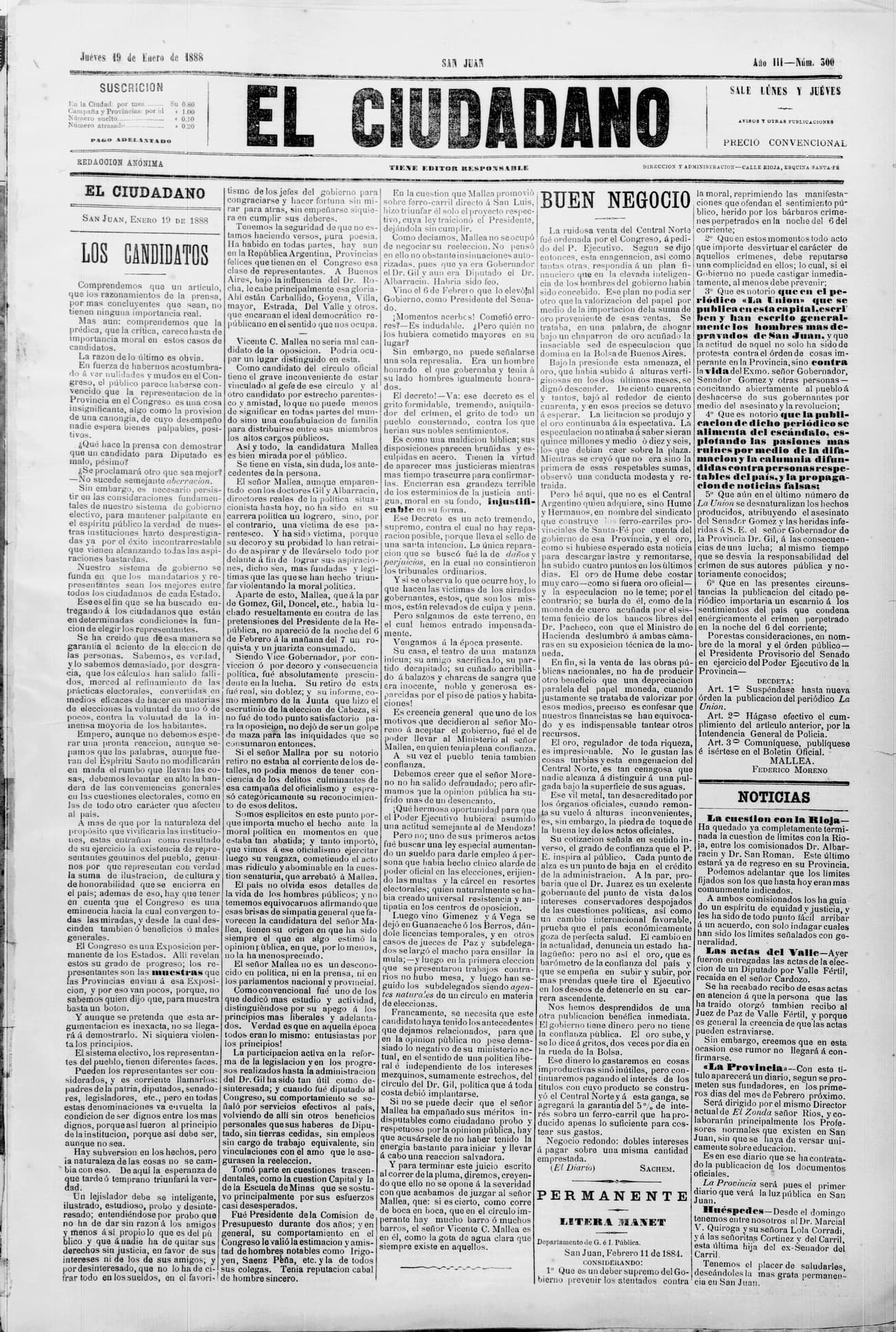 Portada · 19 de Enero de 1888