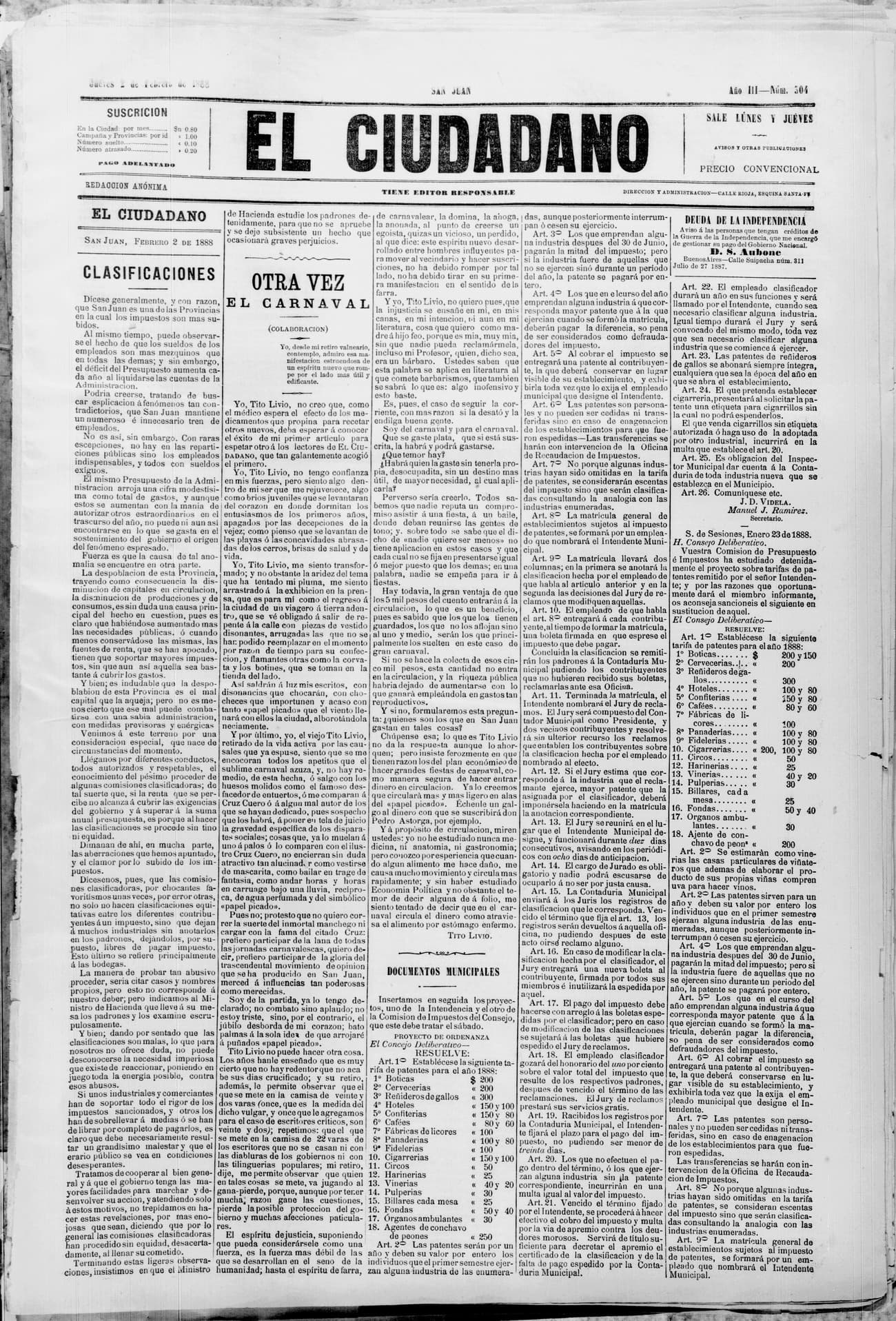 Portada · 2 de Febrero de 1888