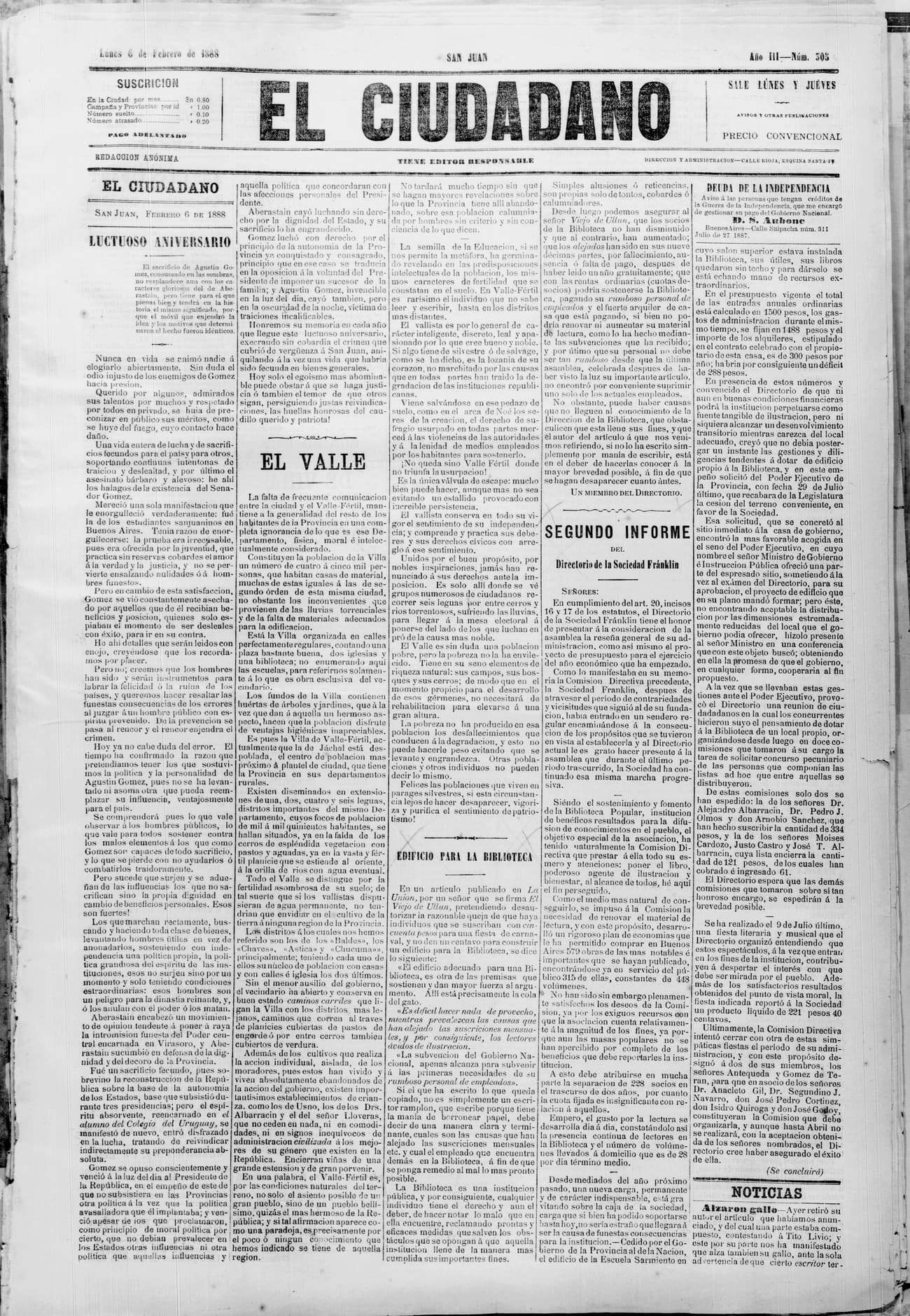 Portada · 6 de Febrero de 1888
