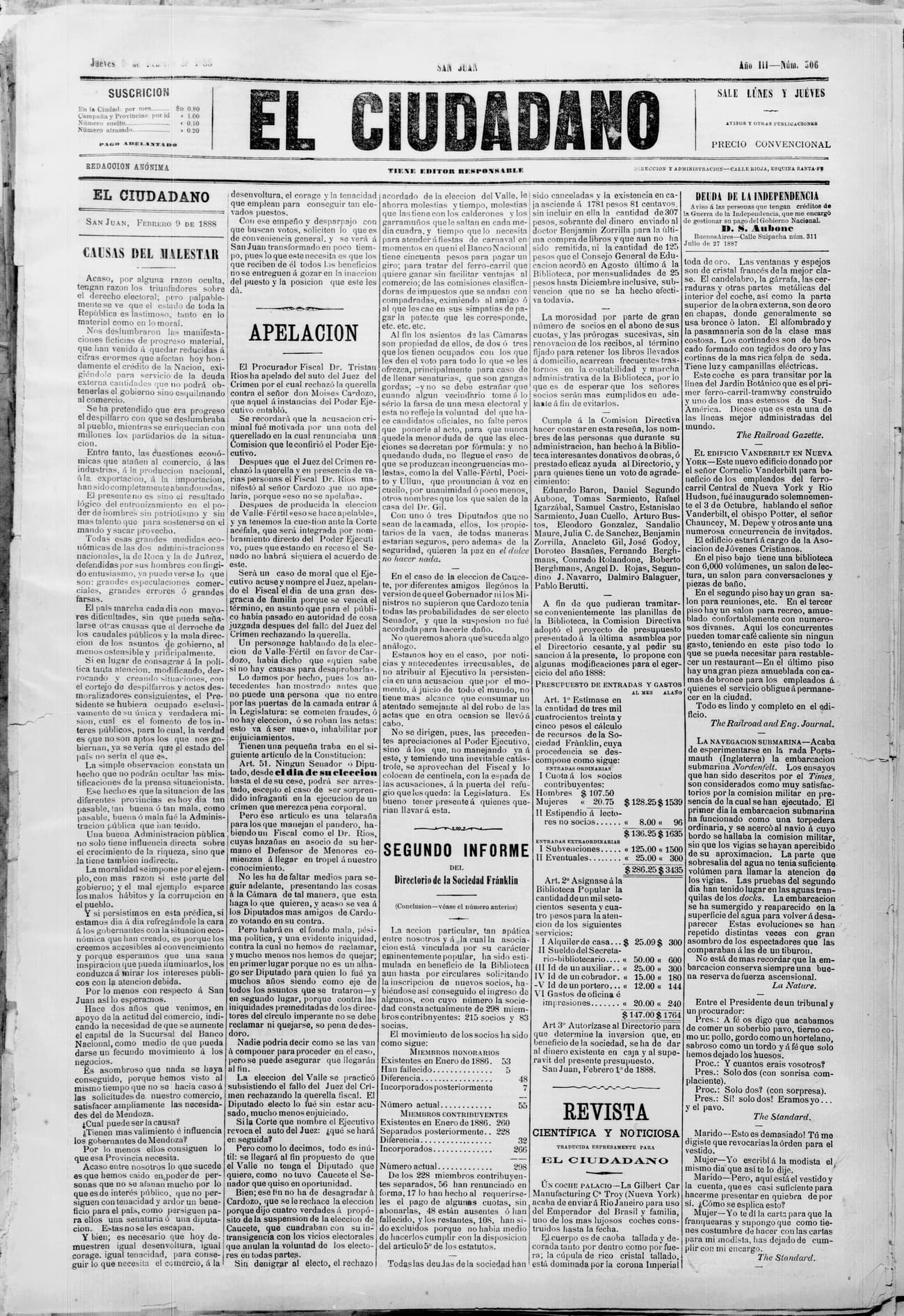 Portada · 9 de Febrero de 1888