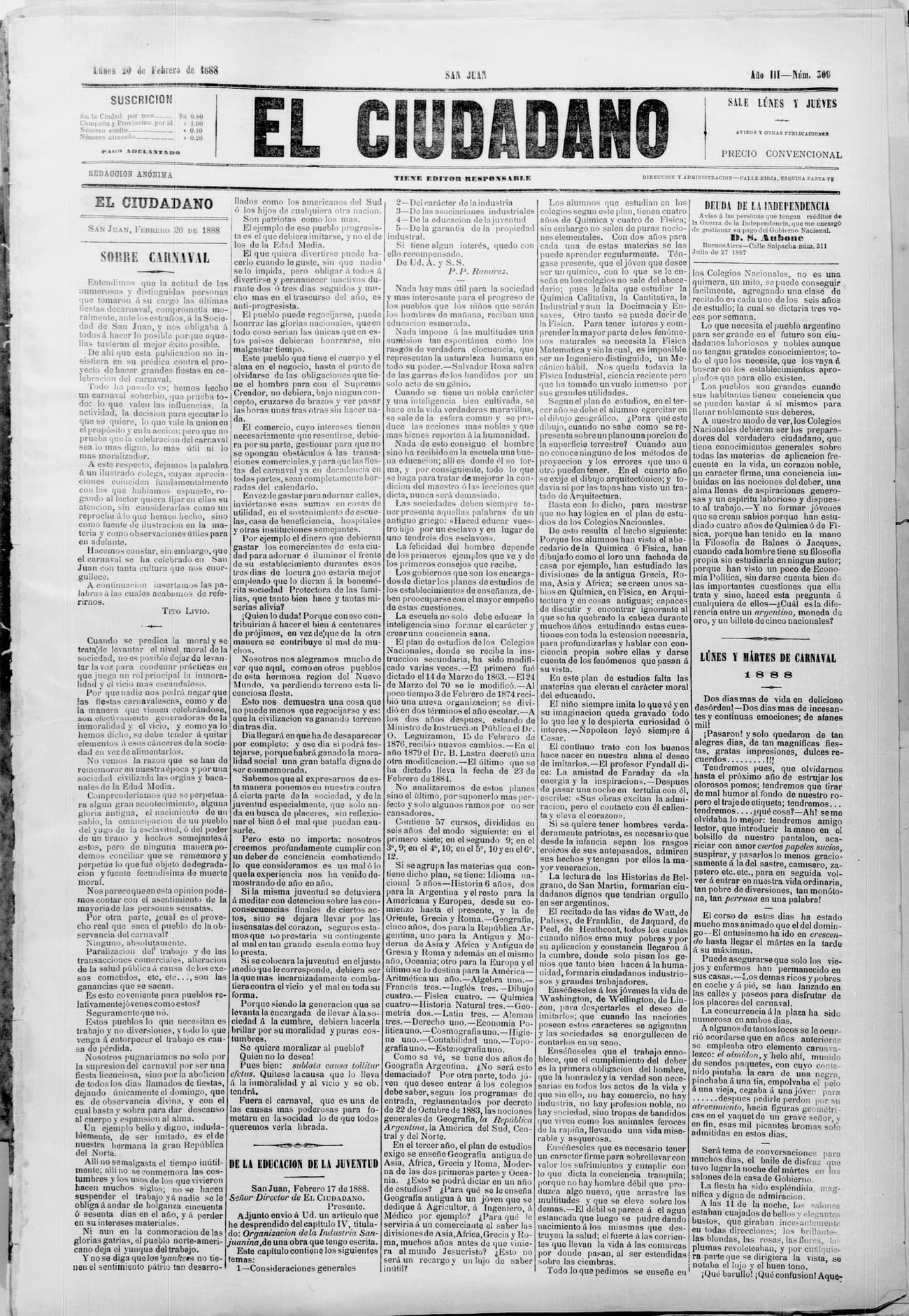 Portada · 20 de Febrero de 1888