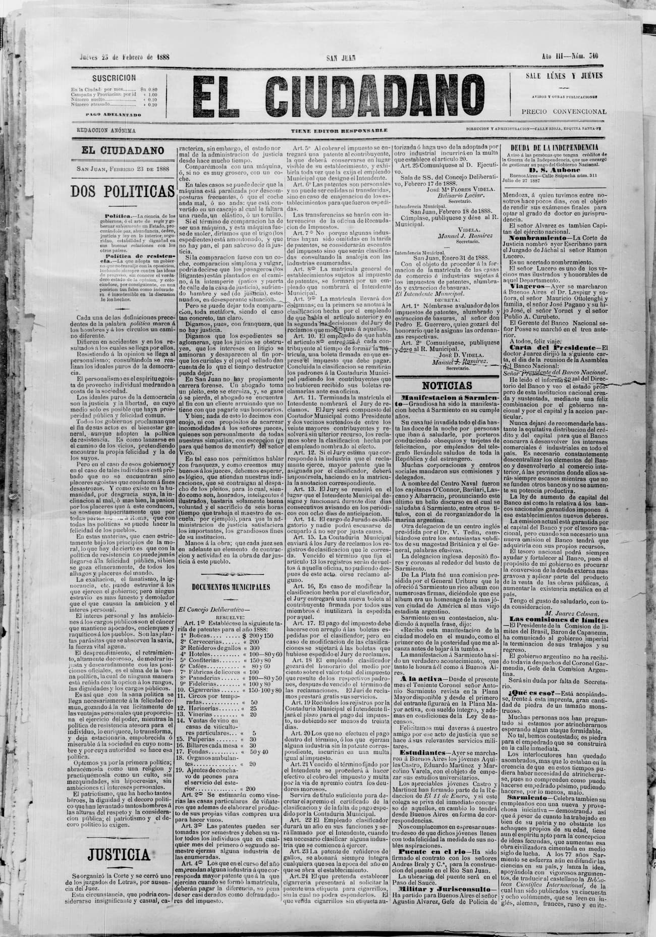 Portada · 23 de Febrero de 1888