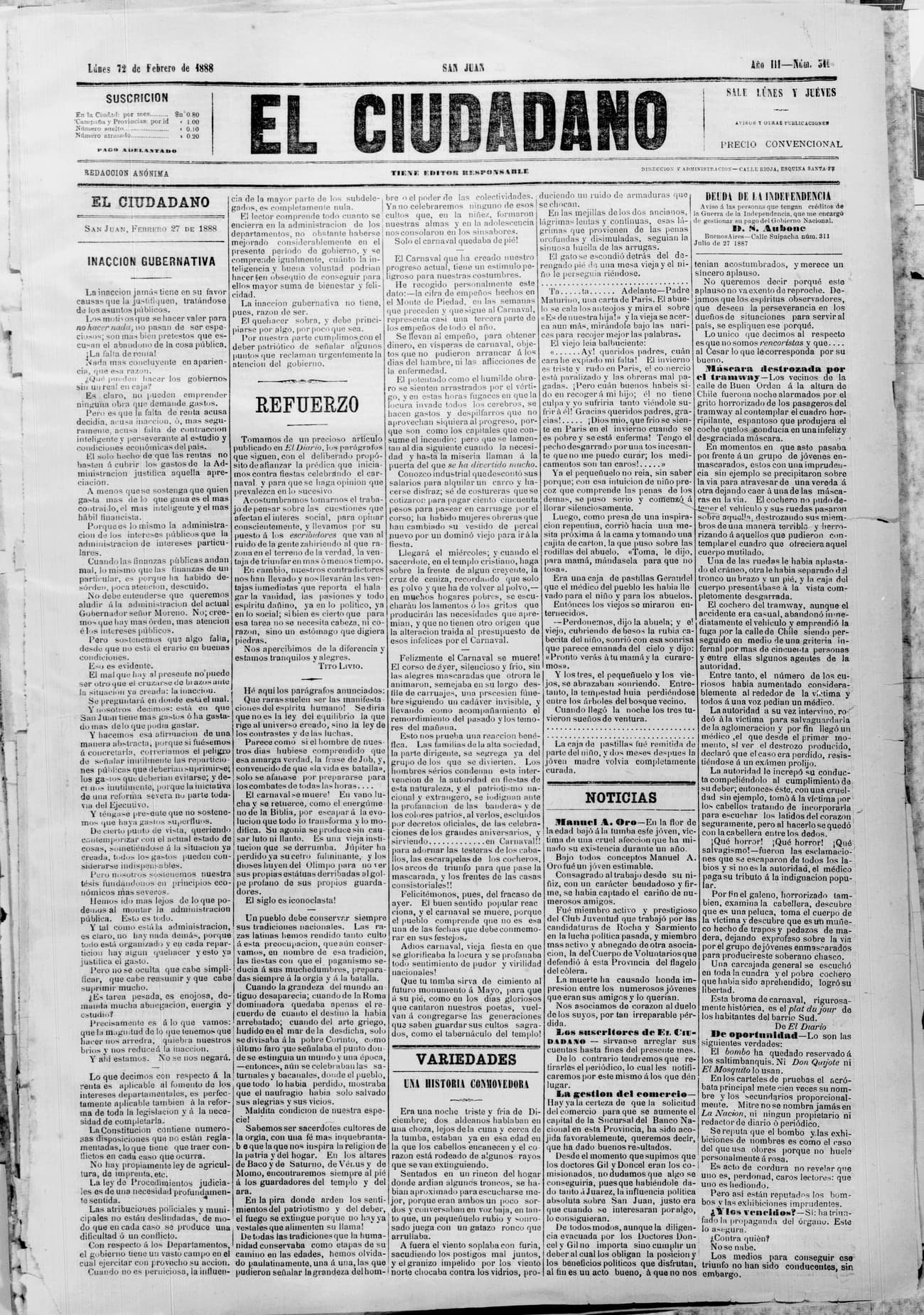 Portada · 27 de Febrero de 1888