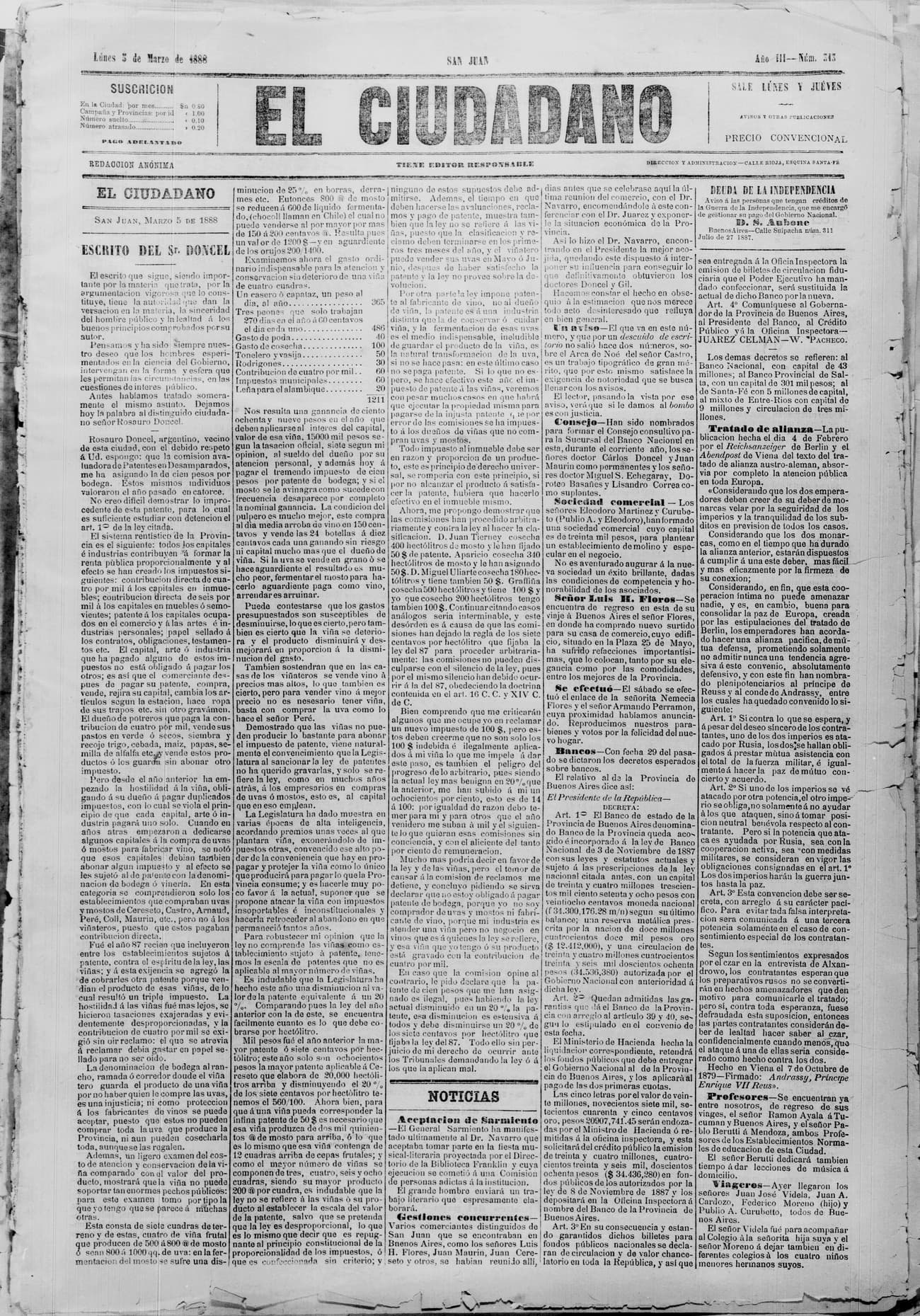 Portada · 5 de Marzo de 1888