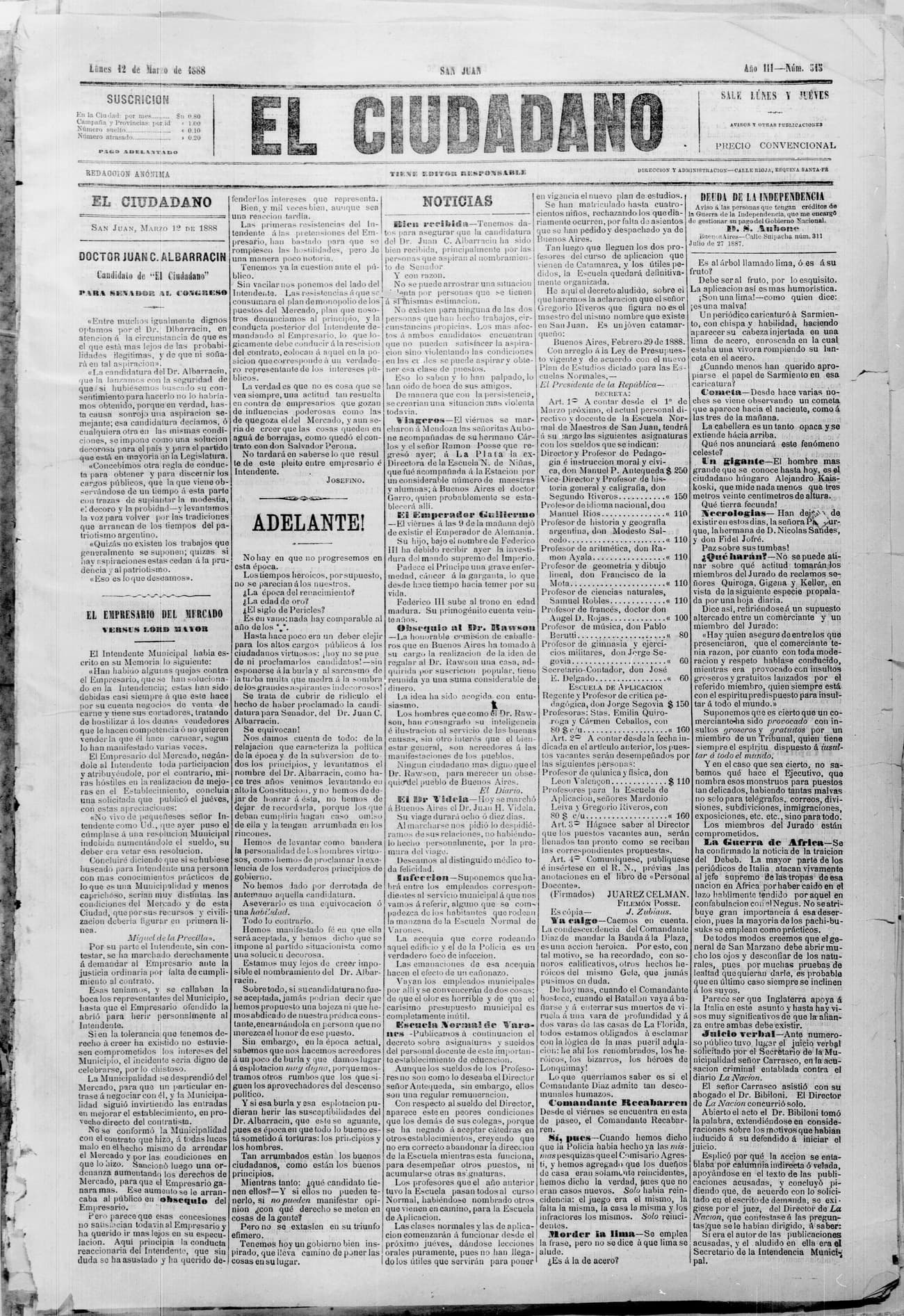Portada · 12 de Marzo de 1888