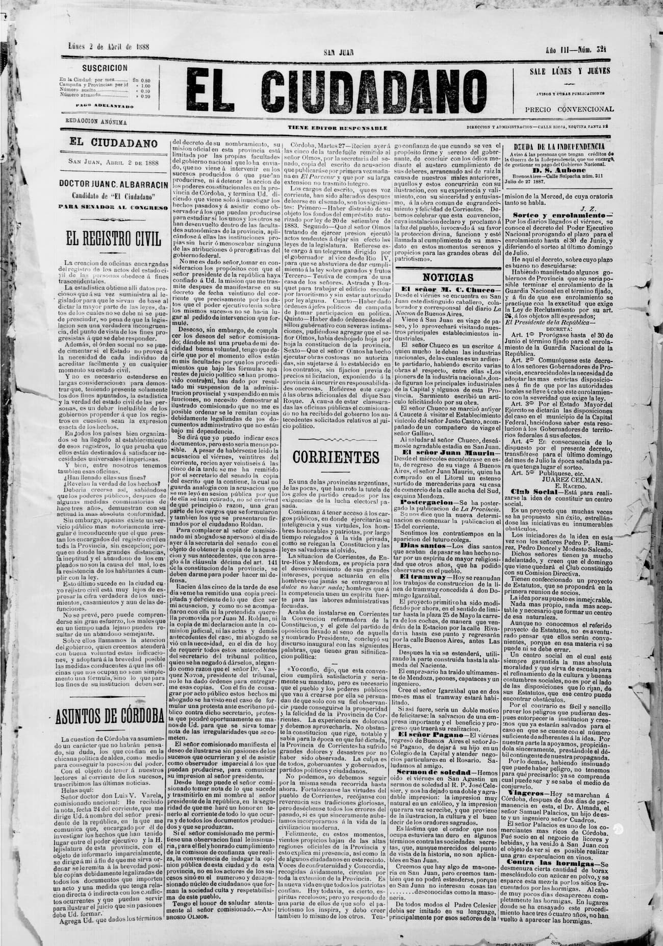 Portada · 2 de Abril de 1888