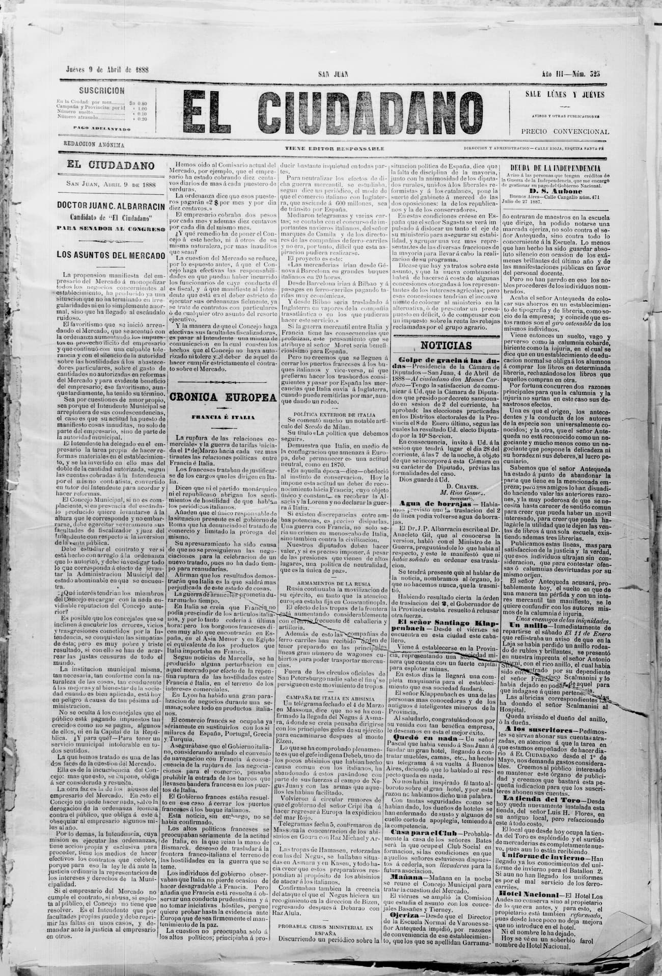 Portada · 9 de Abril de 1888