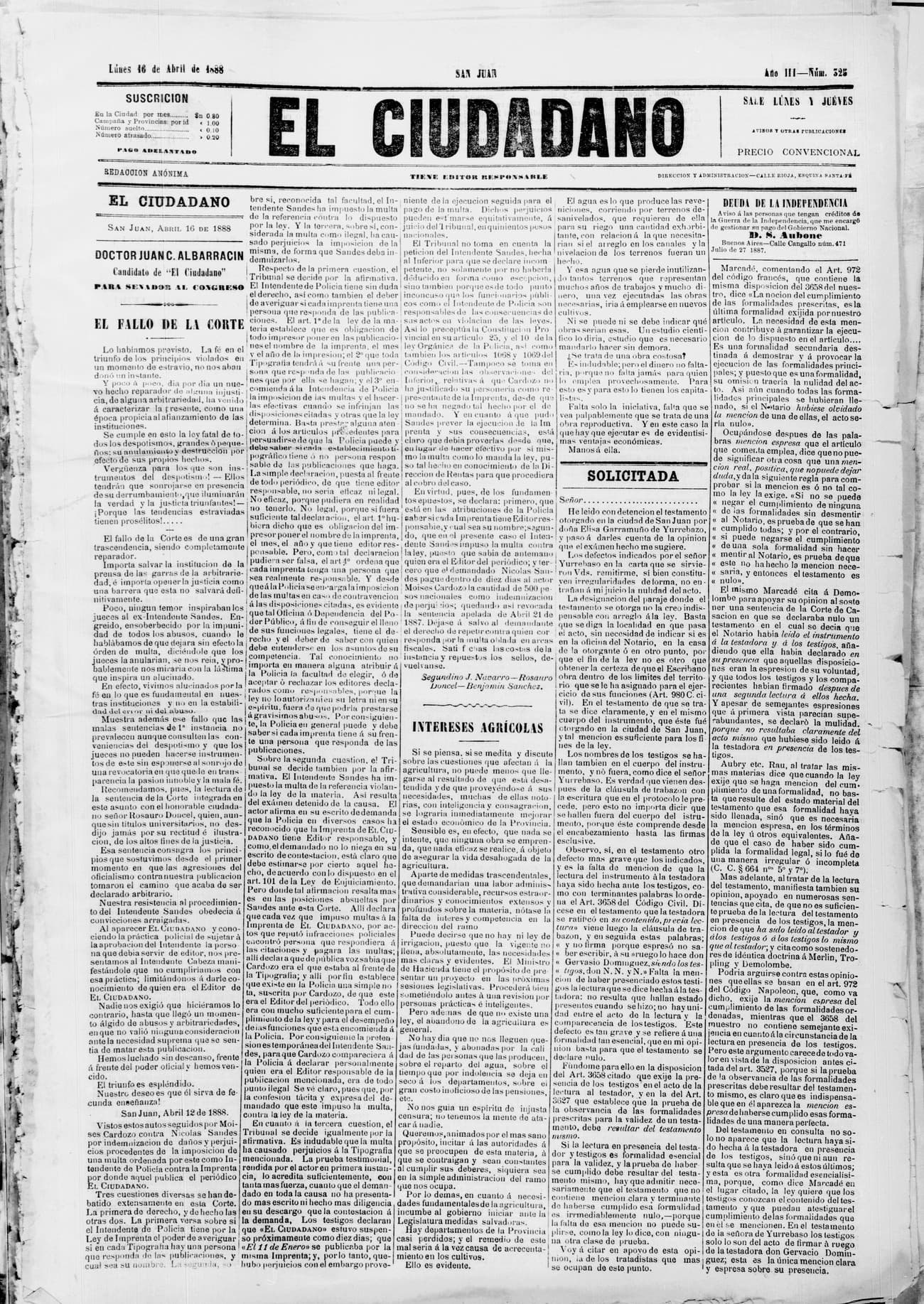 Portada · 16 de Abril de 1888