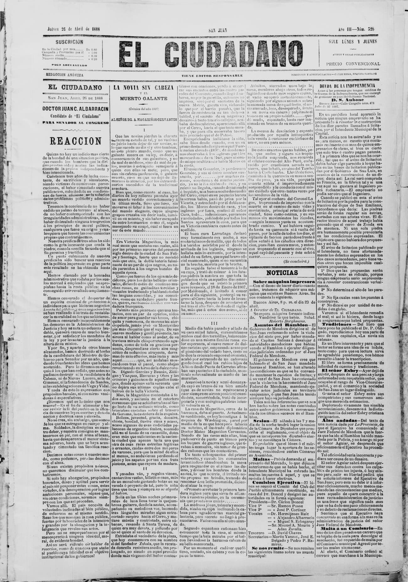 Portada · 26 de Abril de 1888