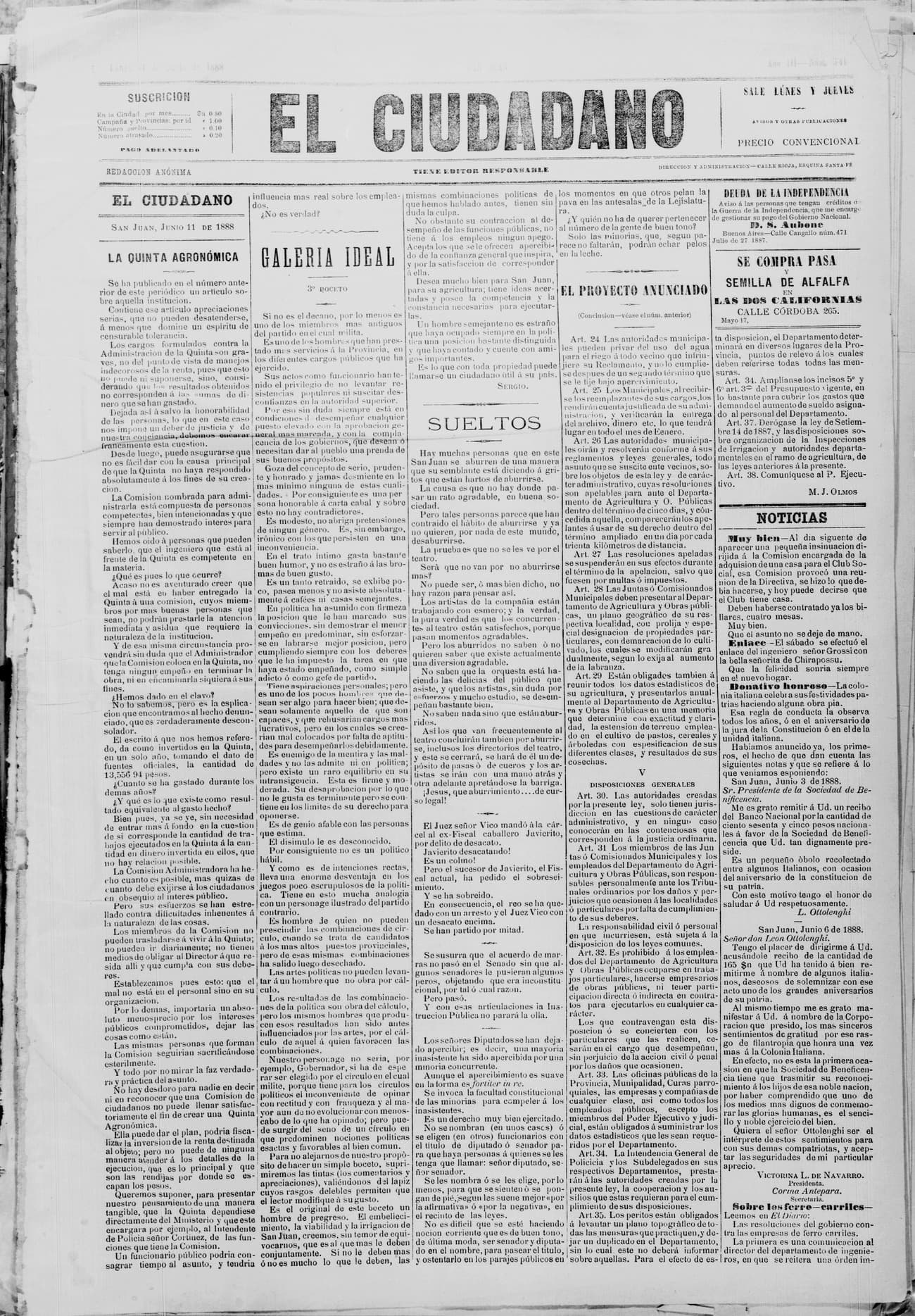 Portada · 11 de Junio de 1888