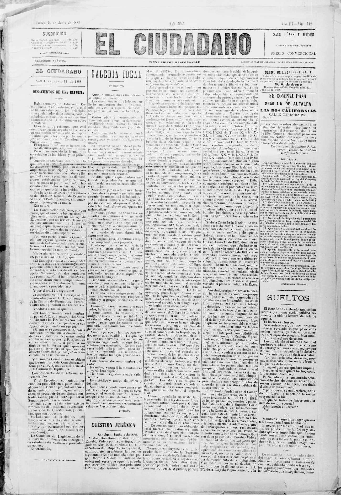 Portada · 14 de Junio de 1888
