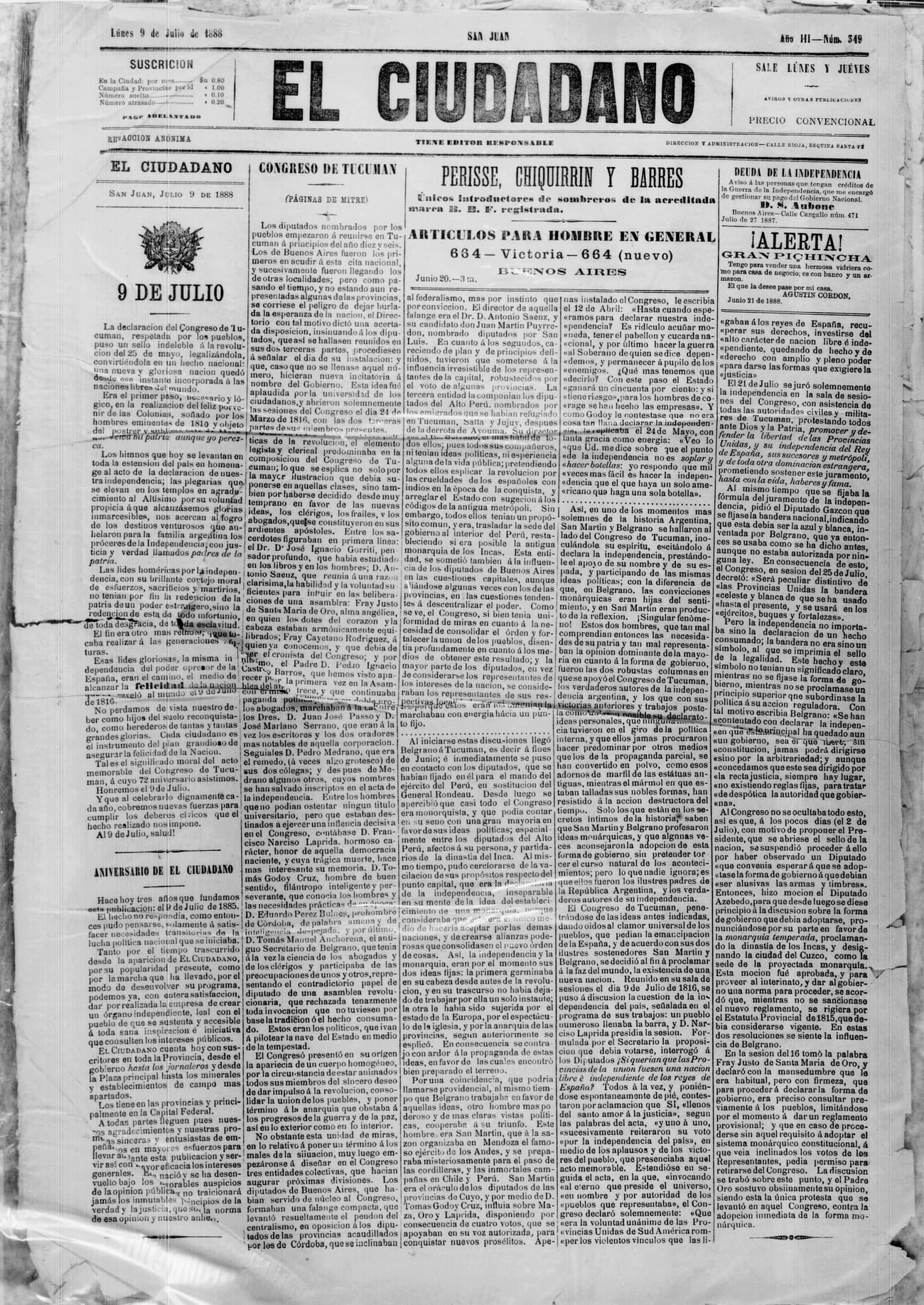 Tapa de El Ciudadano · 9 de Julio de 1888