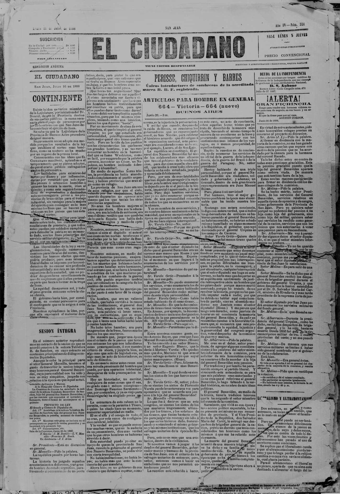 Portada · 16 de Julio de 1888