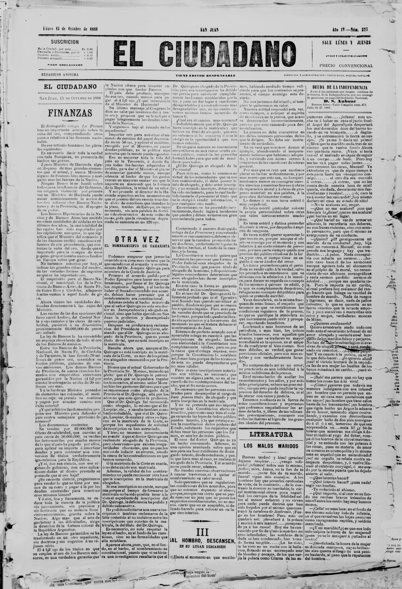 Portada · 15 de Octubre de 1888