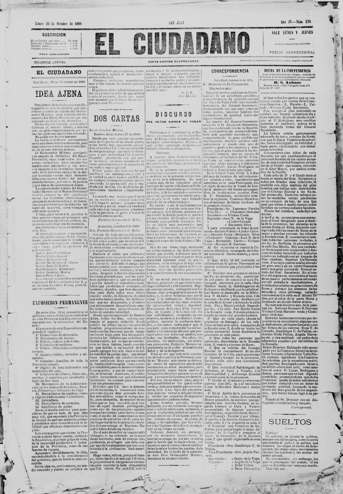 Portada · 22 de Octubre de 1888