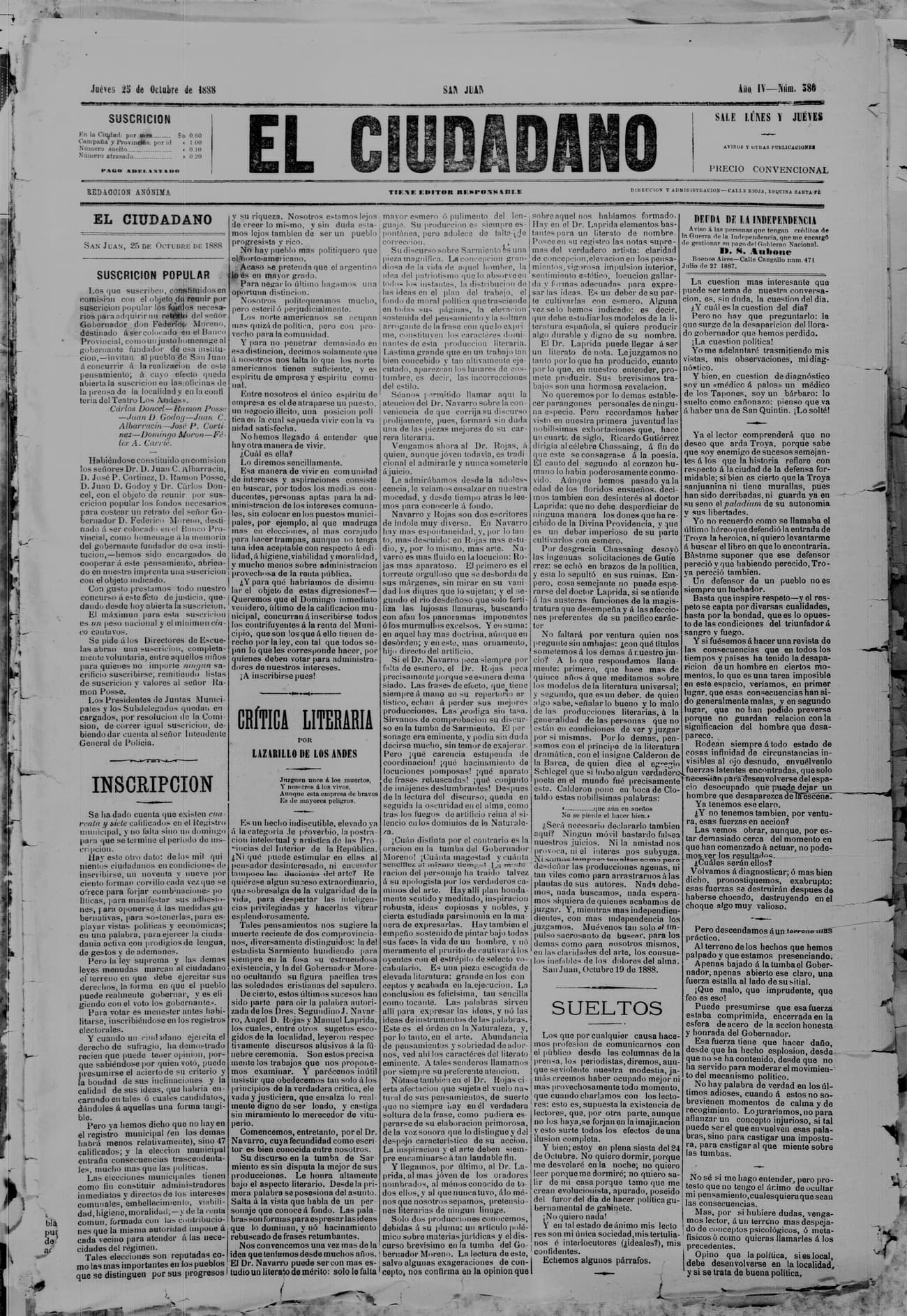 Portada · 25 de Octubre de 1888
