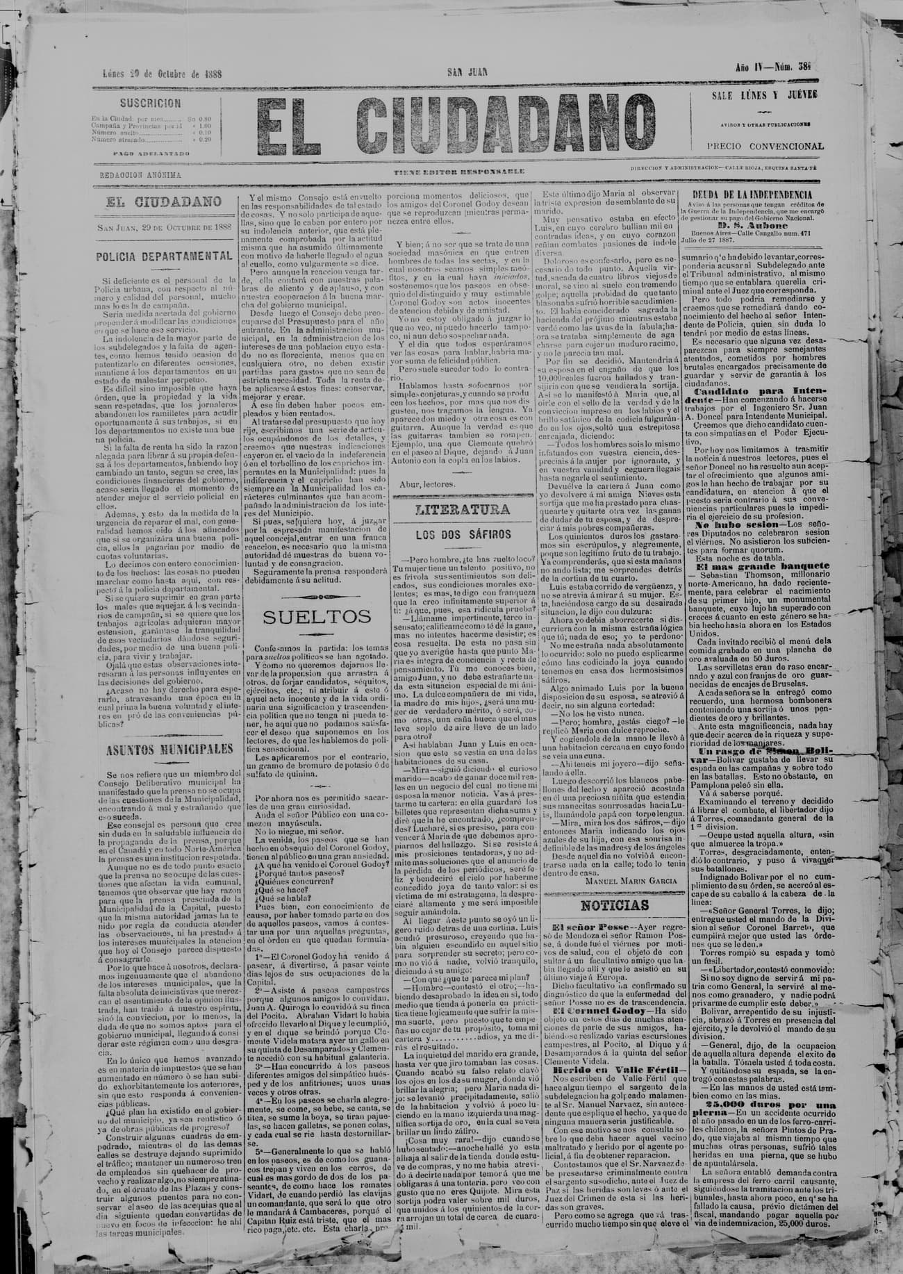 Portada · 29 de Octubre de 1888