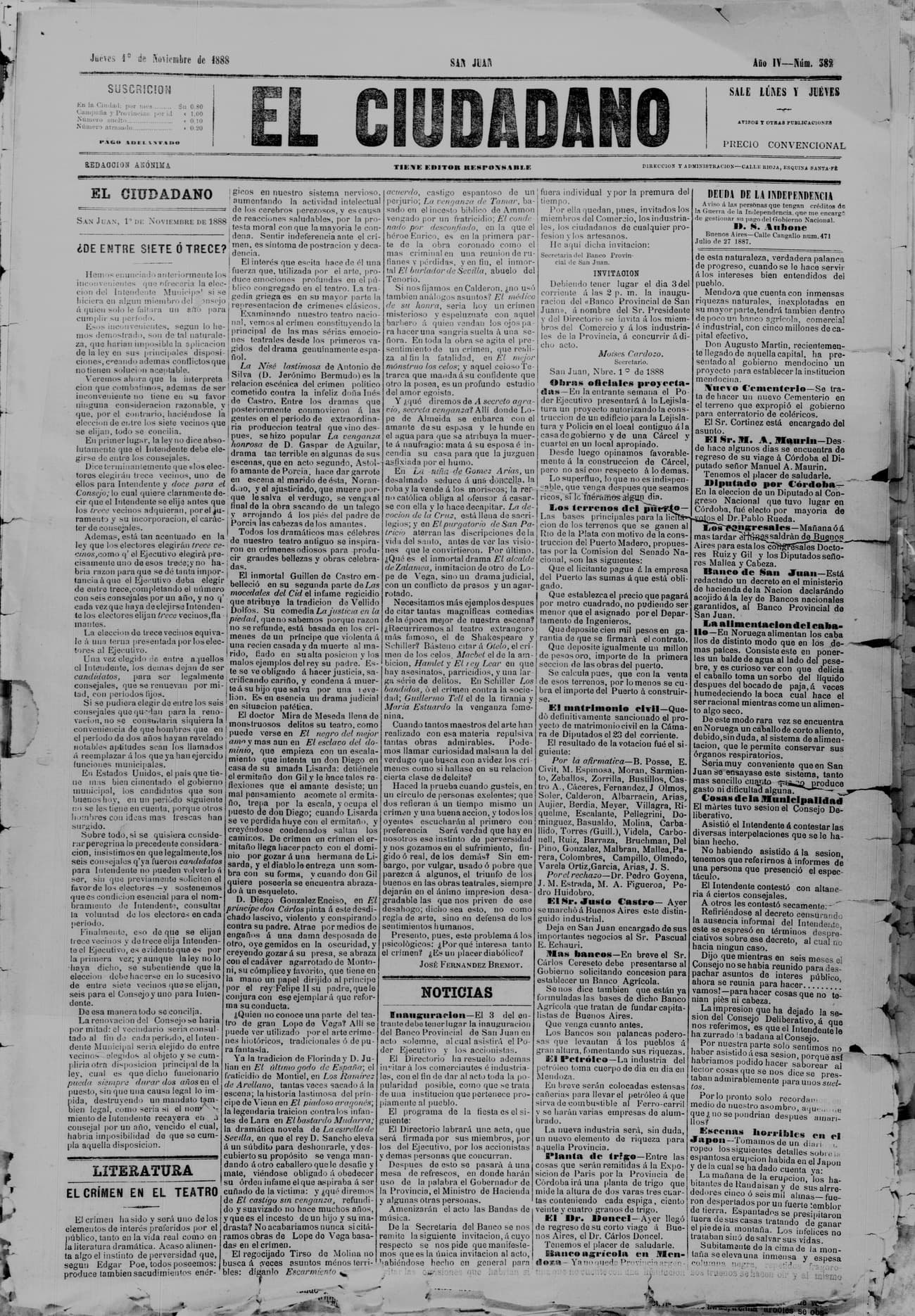 Portada · 1 de Noviembre de 1888