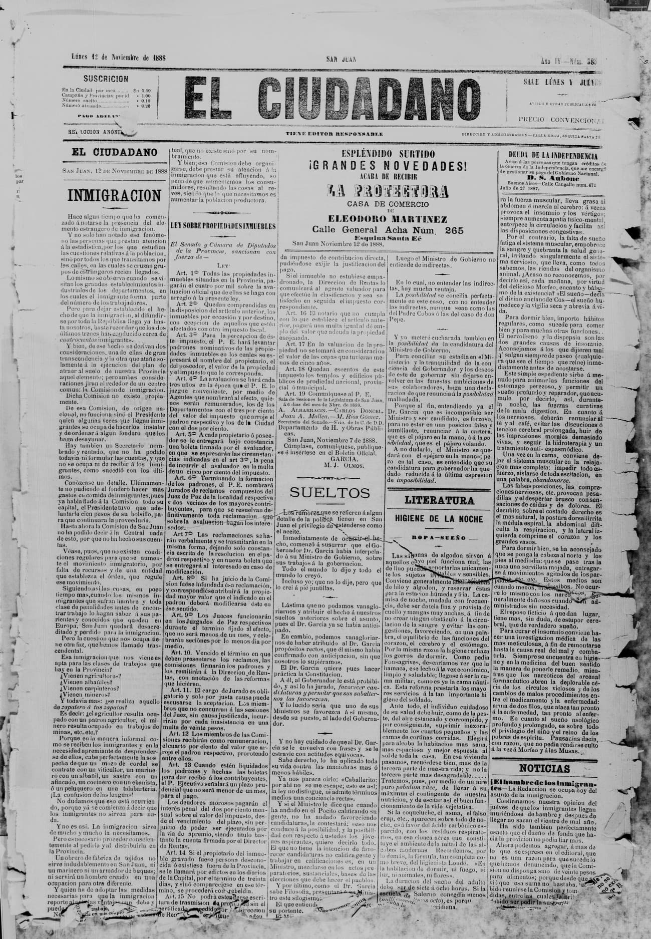 Portada · 12 de Noviembre de 1888