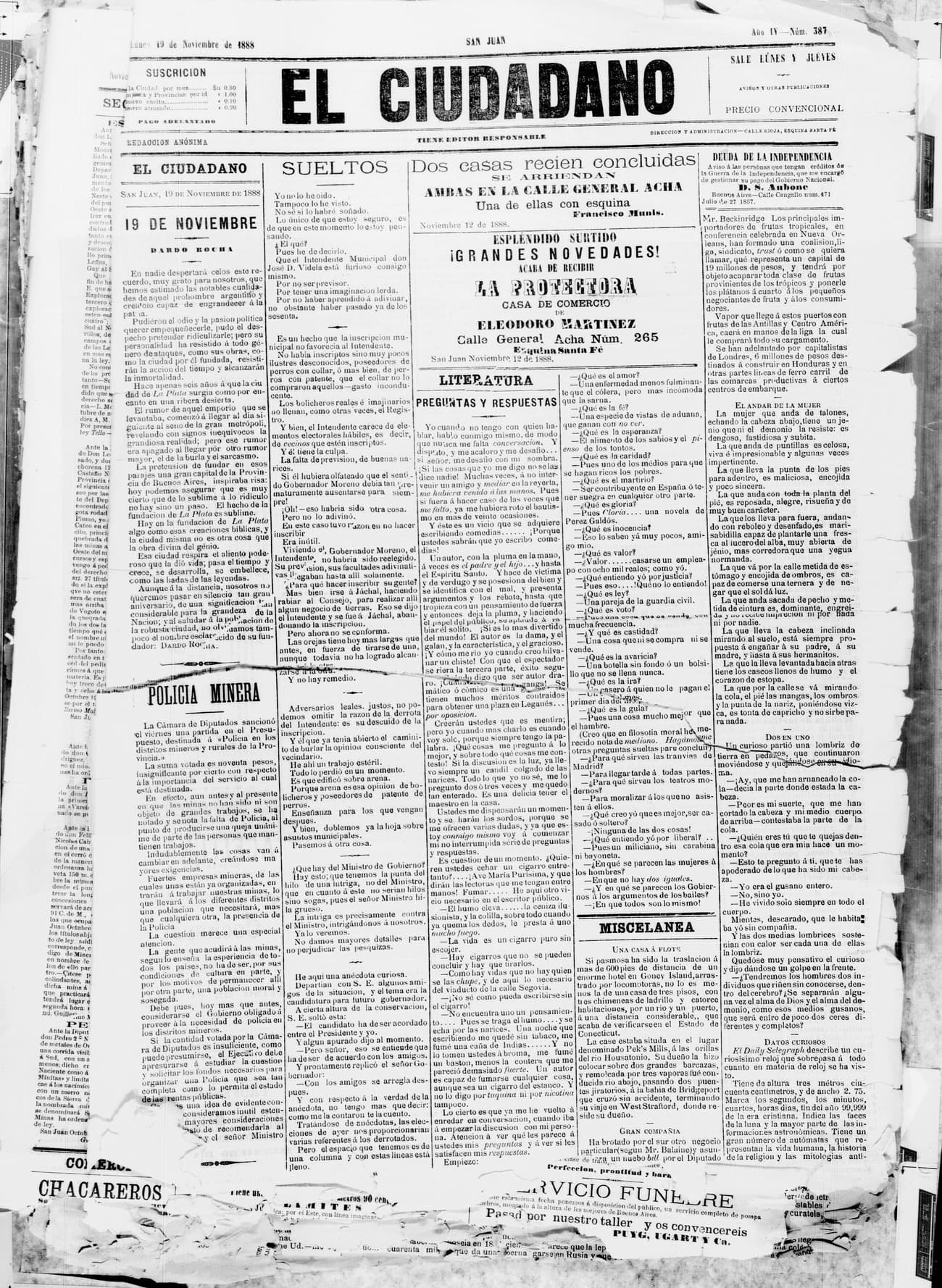 Portada · 19 de Noviembre de 1888